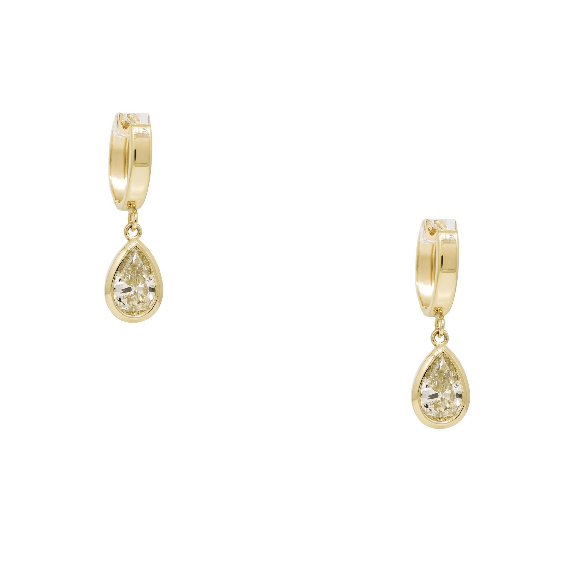 Pear Cut Natural 1.94 Carat Pear-Shape Diamond Huggie 14-Karat Drop Earrings In Stock For Sale