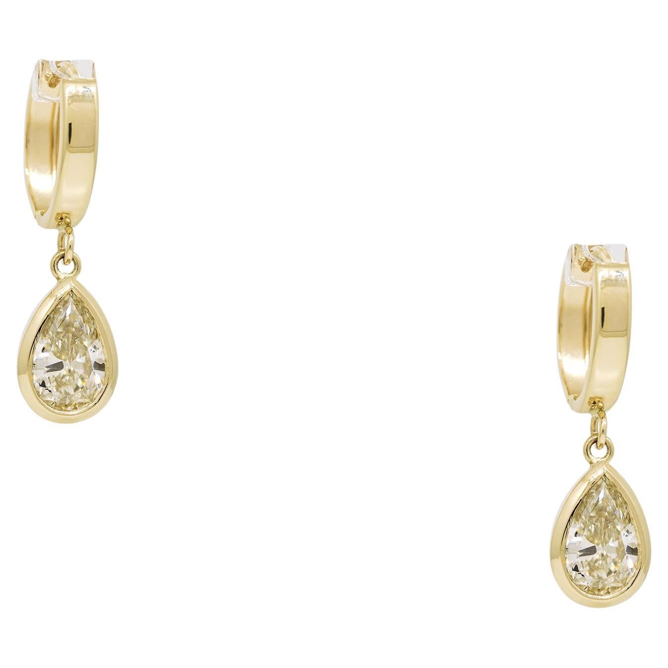 Natural 1.94 Carat Pear-Shape Diamond Huggie 14-Karat Drop Earrings In Stock For Sale