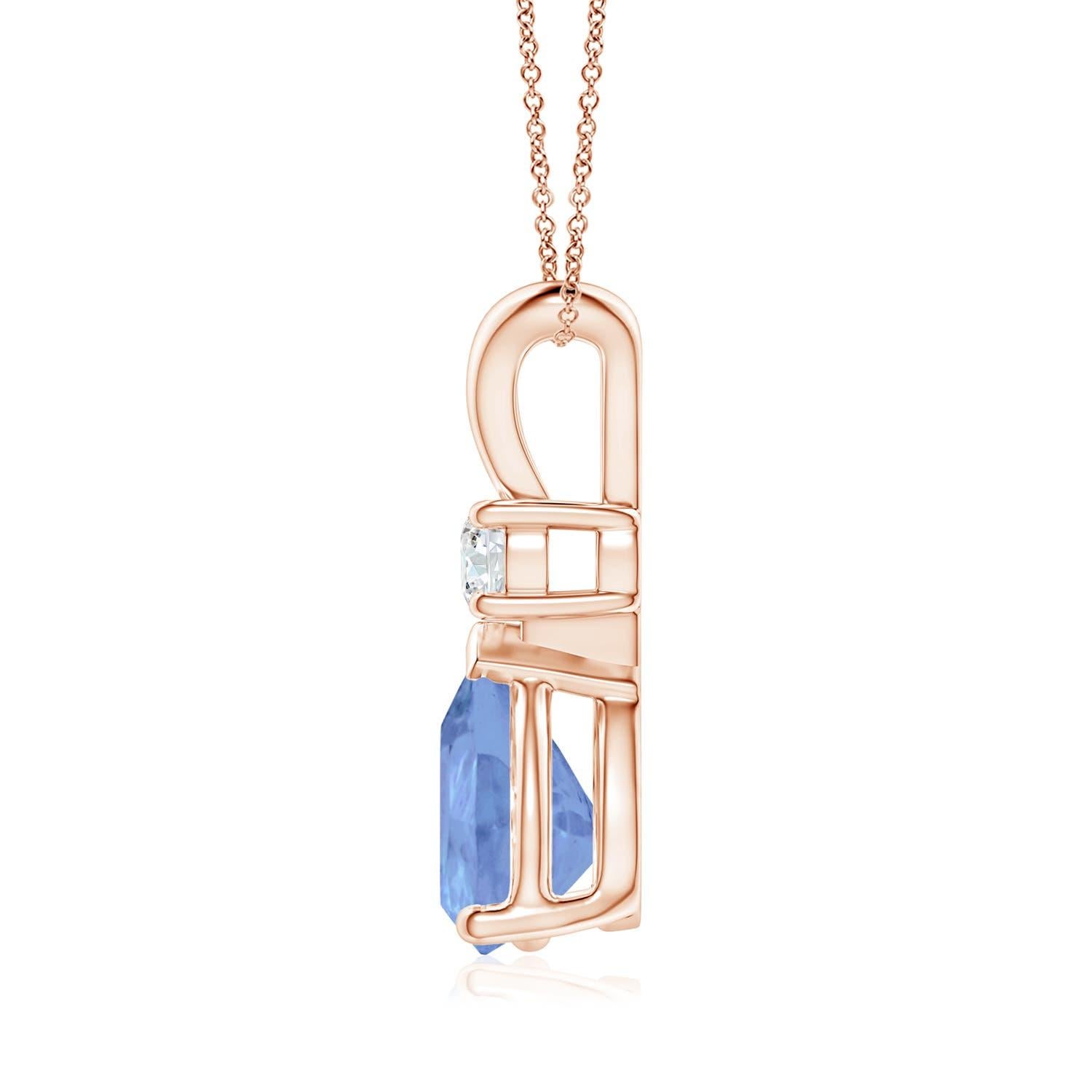 This classic solitaire pendant features a pear-shaped tanzanite secured in a prong setting. A glimmering round diamond sits atop the bluish-violet gemstone adding to the design's sparkle. Simple yet alluring, this tanzanite pendant in 18k rose gold