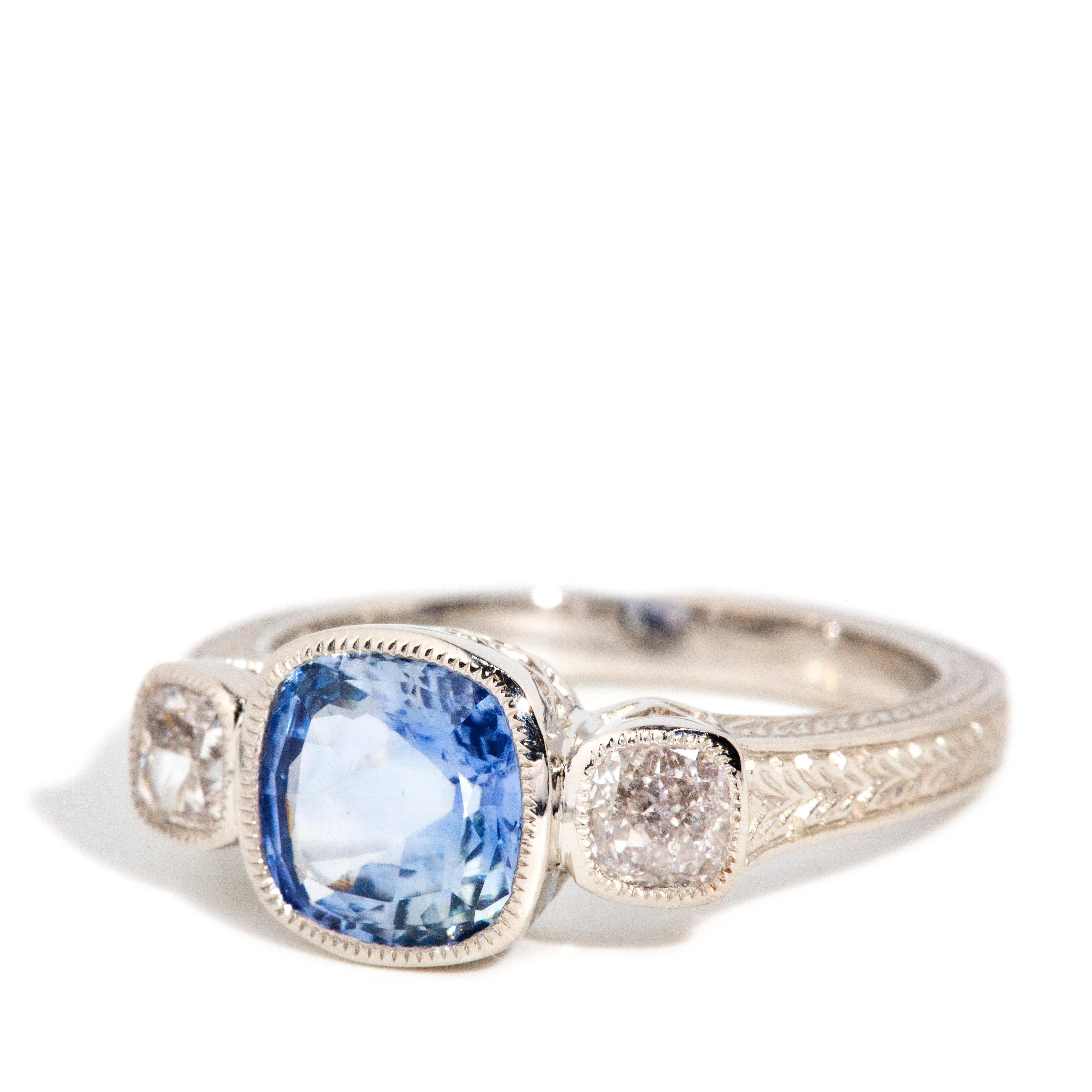 Women's Natural 1.96 Carat Cushion Cut Blue Sapphire & Diamond Platinum Trilogy Ring For Sale