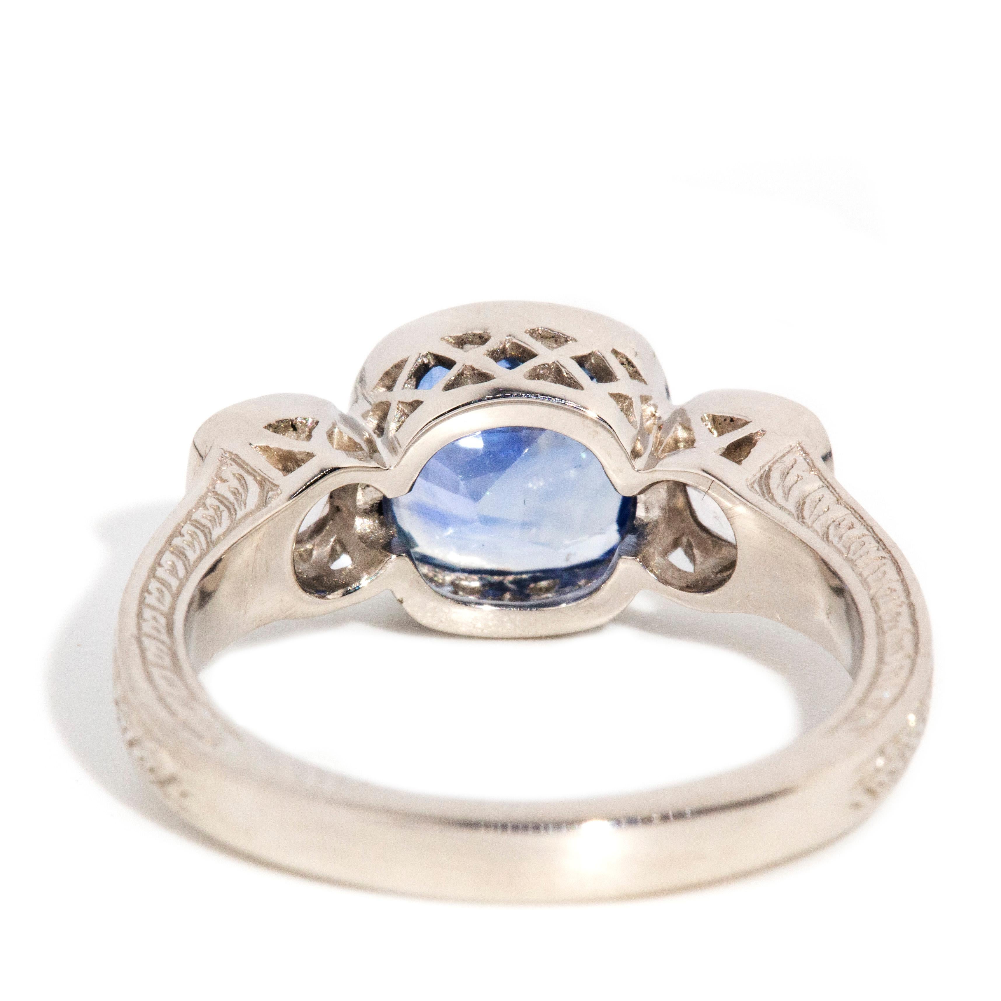 Natural 1.96 Carat Cushion Cut Blue Sapphire & Diamond Platinum Trilogy Ring For Sale 4