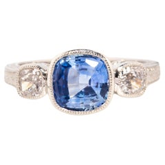 Natural 1.96 Carat Cushion Cut Blue Sapphire & Diamond Platinum Trilogy Ring