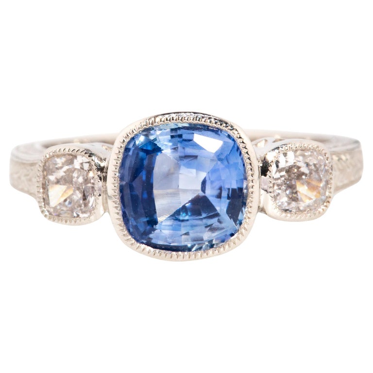 Natural Carat Cushion Cut Blue Sapphire and Diamond Platinum
