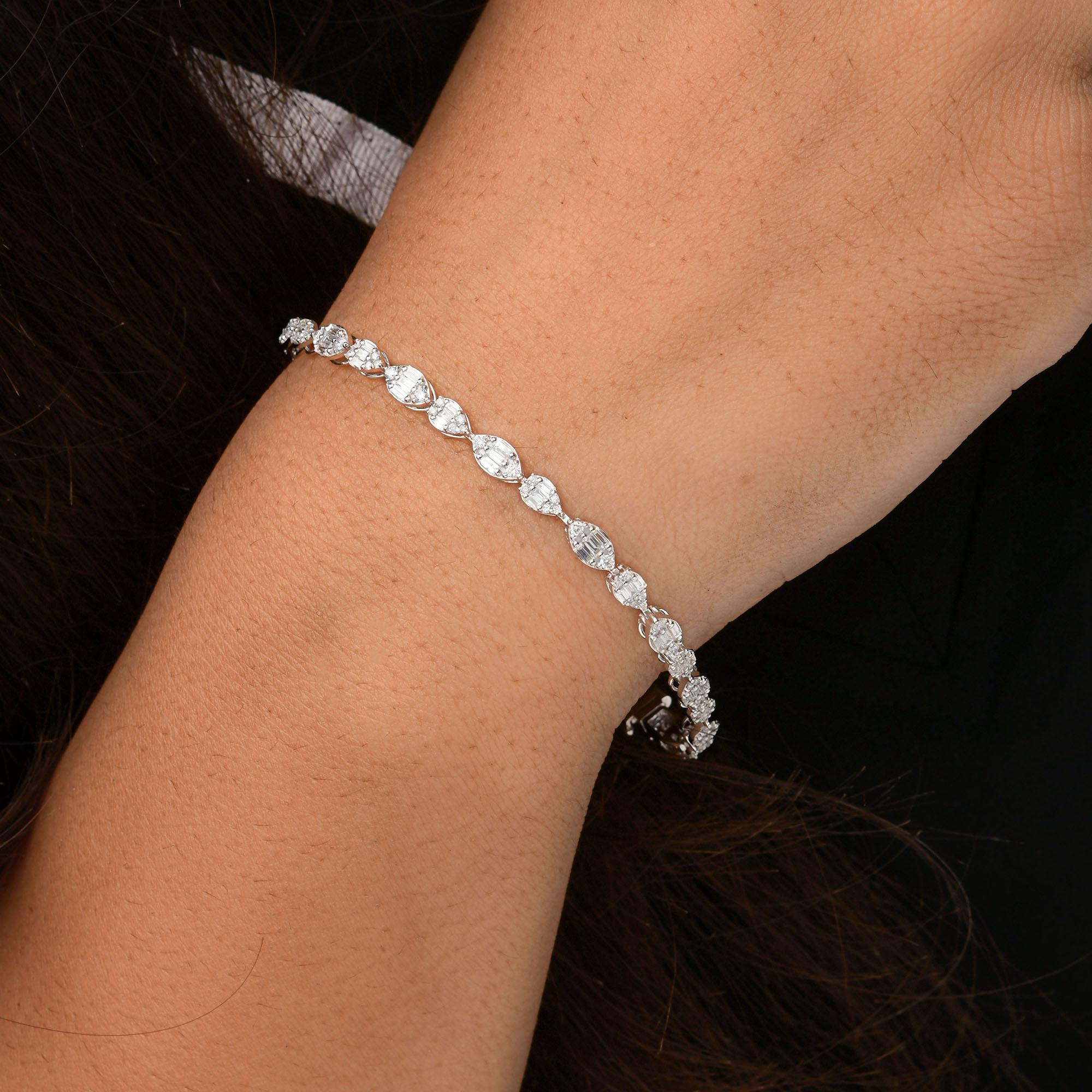 Baguette Cut Natural 1.98 Carat SI/H Baguette Diamond Bracelet 14 Karat White Gold Jewelry For Sale