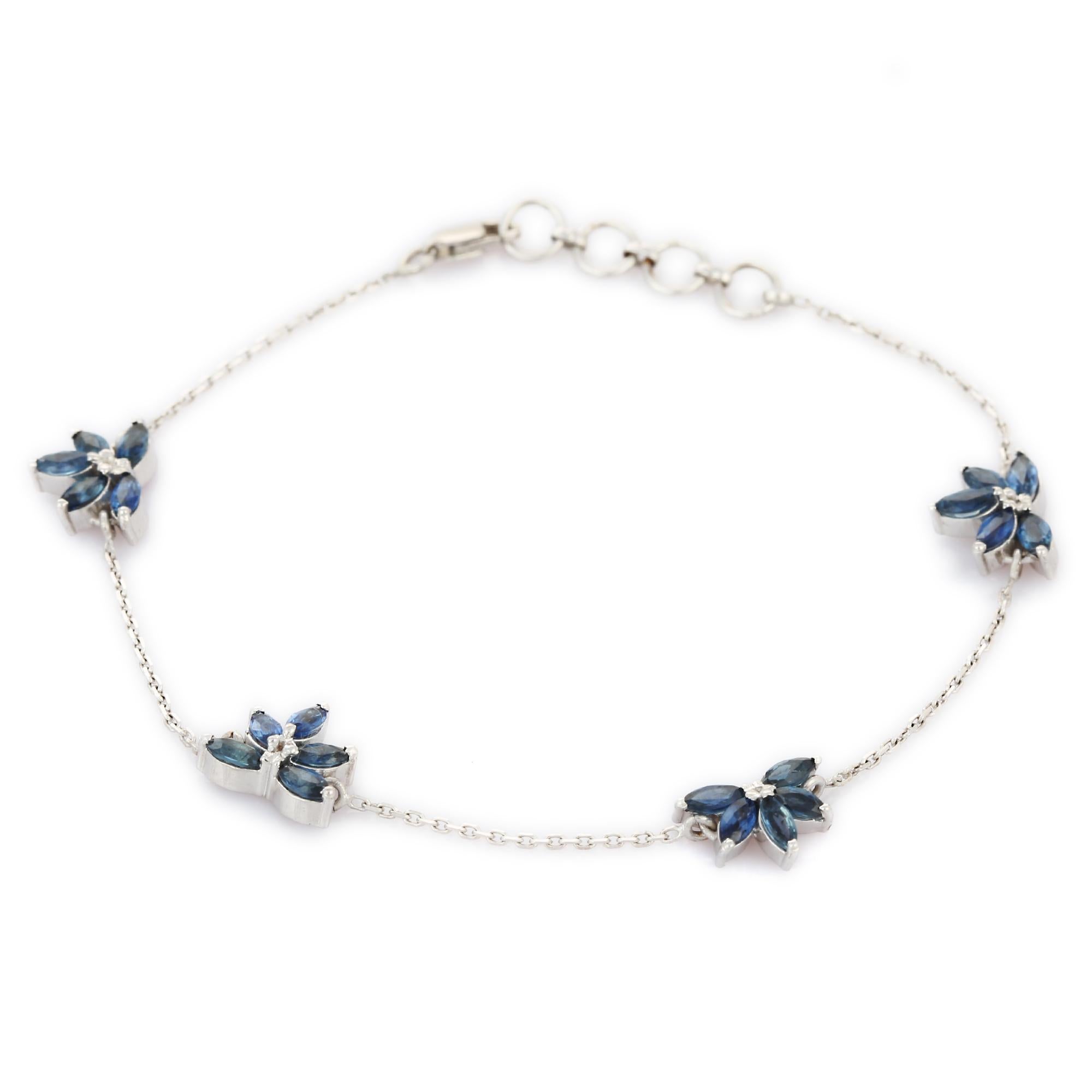 Marquise Cut Natural 1.98 Ct Blue Sapphire Floral Charm Bracelet Studded in 18K White Gold For Sale