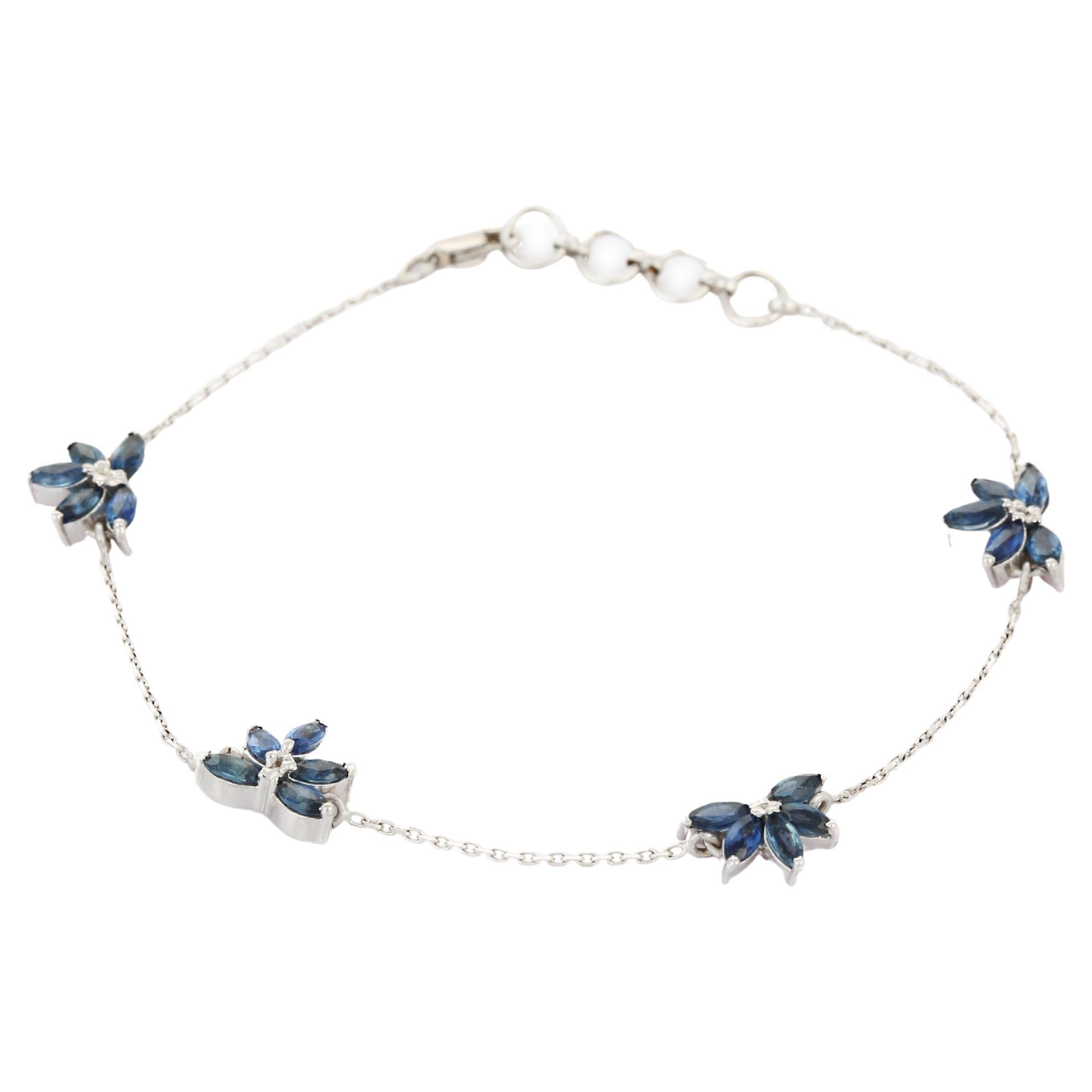 Natural 1.98 Ct Blue Sapphire Floral Charm Bracelet Studded in 18K White Gold For Sale