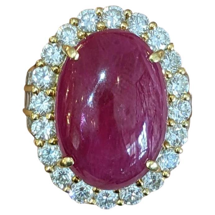 Natural 19.83 ct Cabochon Ruby and Diamond Ring in 18k Yellow Gold