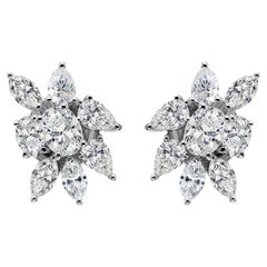 Natural 1.9ct SI/H Diamond Floral Stud Earrings 18 Karat White Gold