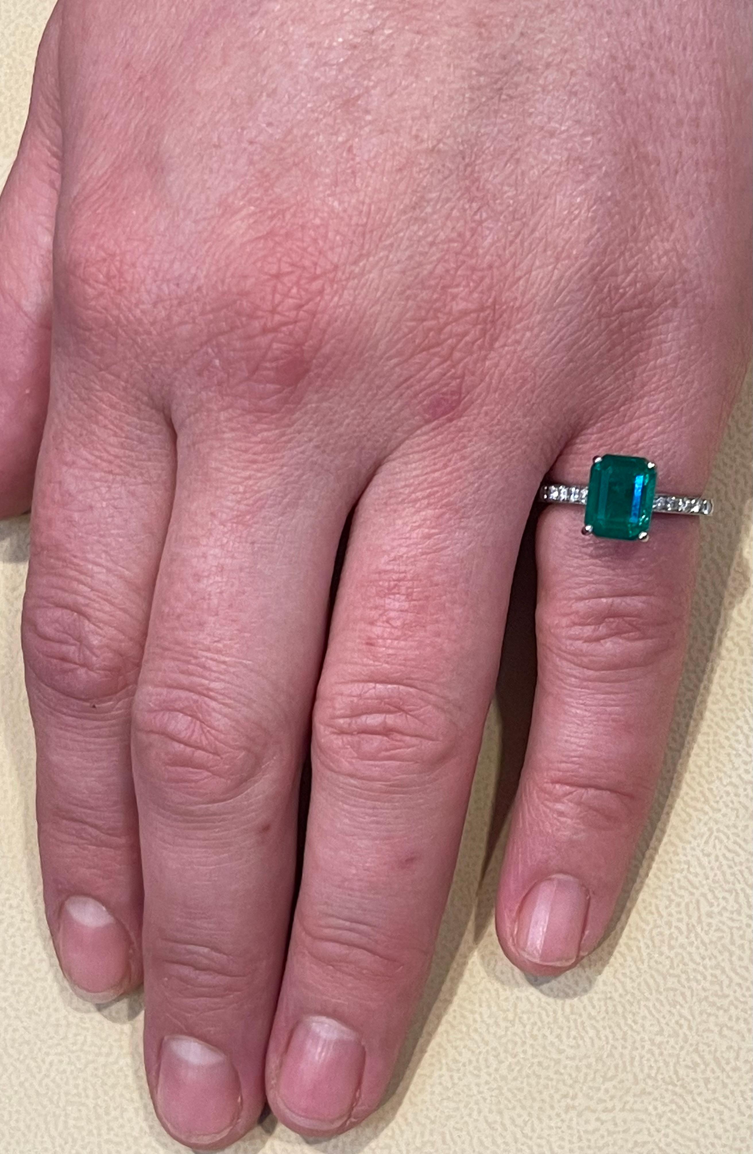 Natural 2 Carat Emerald Cut Emerald & Diamond Ring in Platinum, Estate 10