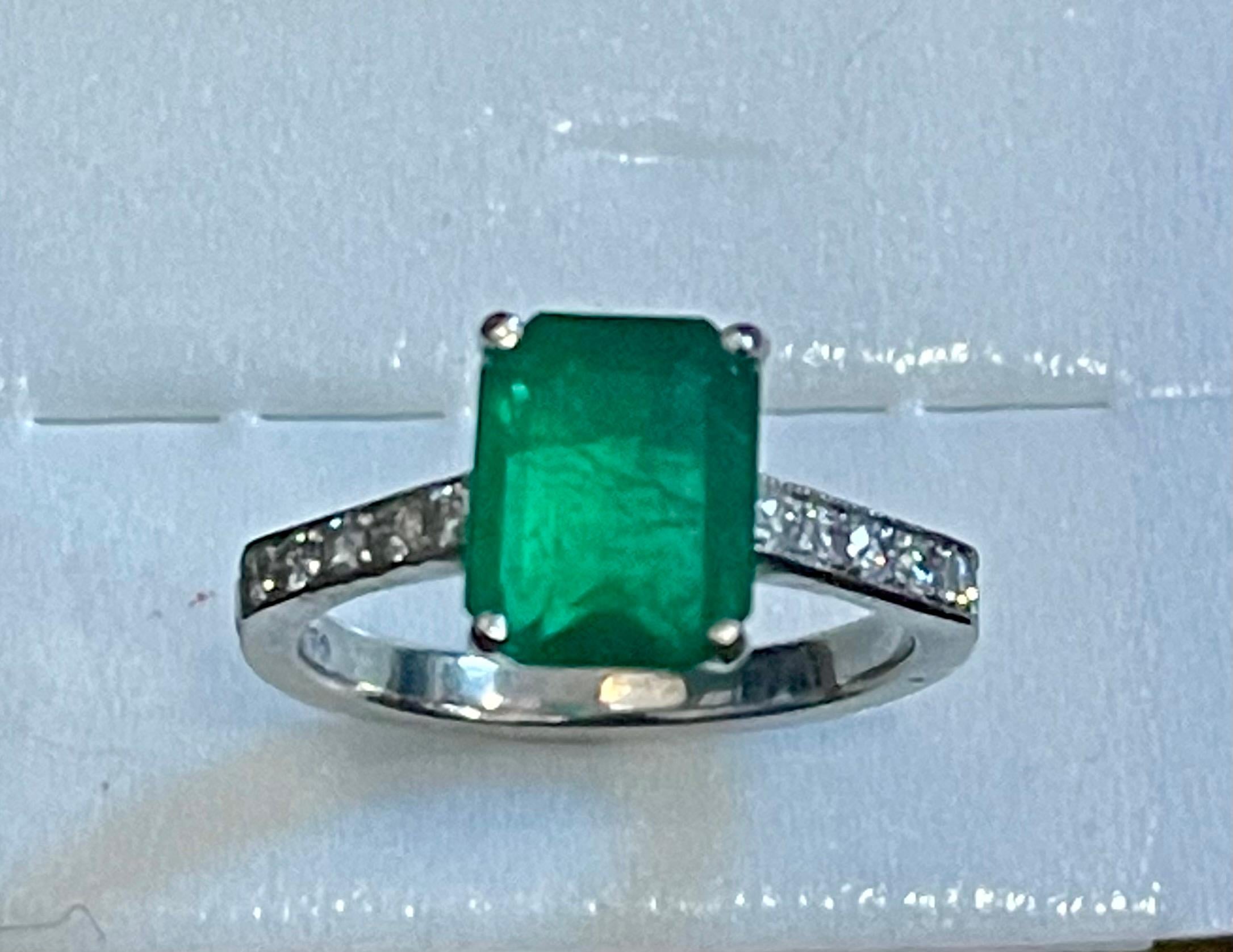 Natural 2 Carat Emerald Cut Emerald & Diamond Ring in Platinum, Estate 9