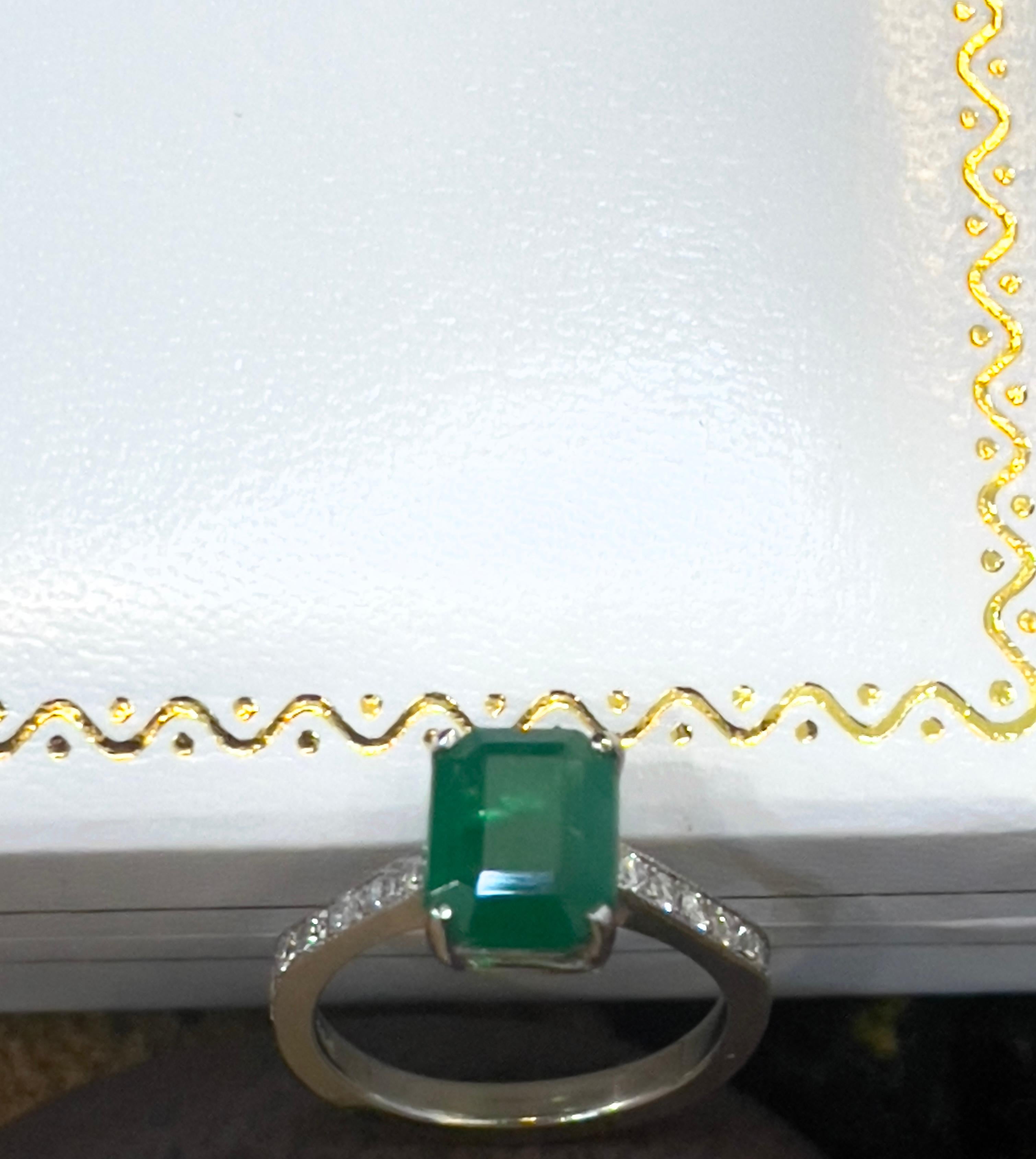 Natural 2 Carat Emerald Cut Emerald & Diamond Ring in Platinum, Estate 11