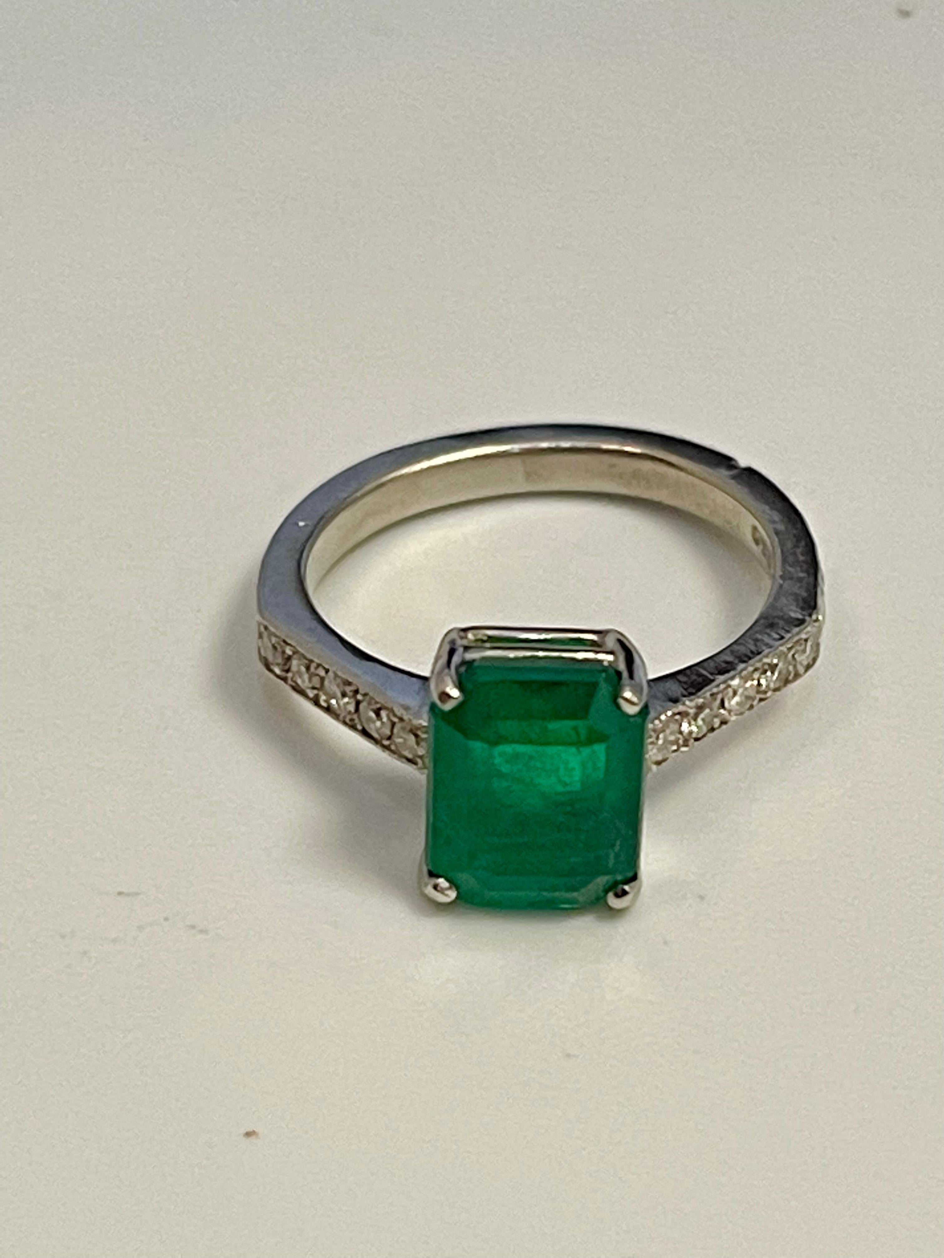 Natural 2 Carat Emerald Cut Emerald & Diamond Ring in Platinum, Estate 12