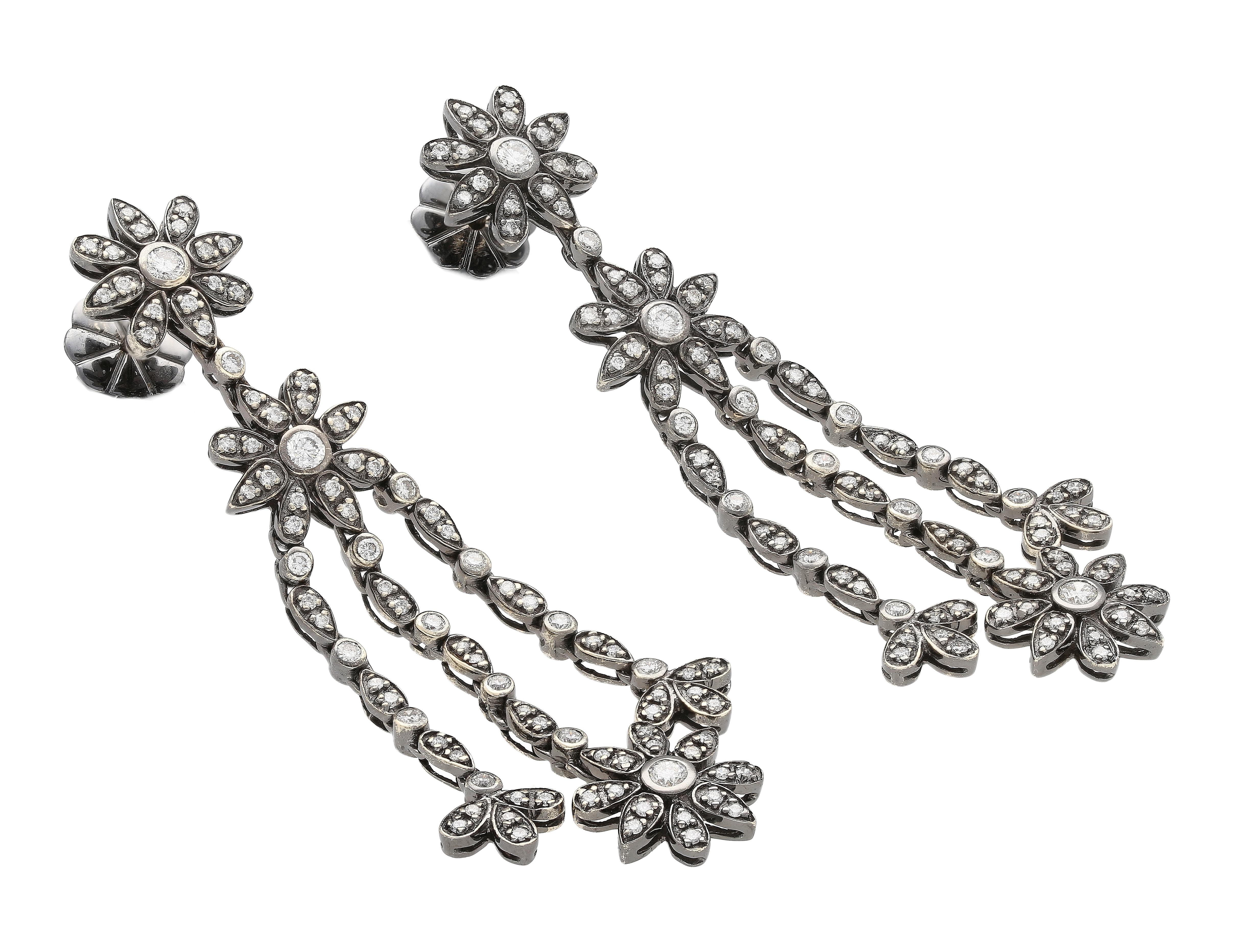 Art Nouveau Natural 2 Carat Floral Diamond Dangle Drop Earrings in 18K Black Gold For Sale
