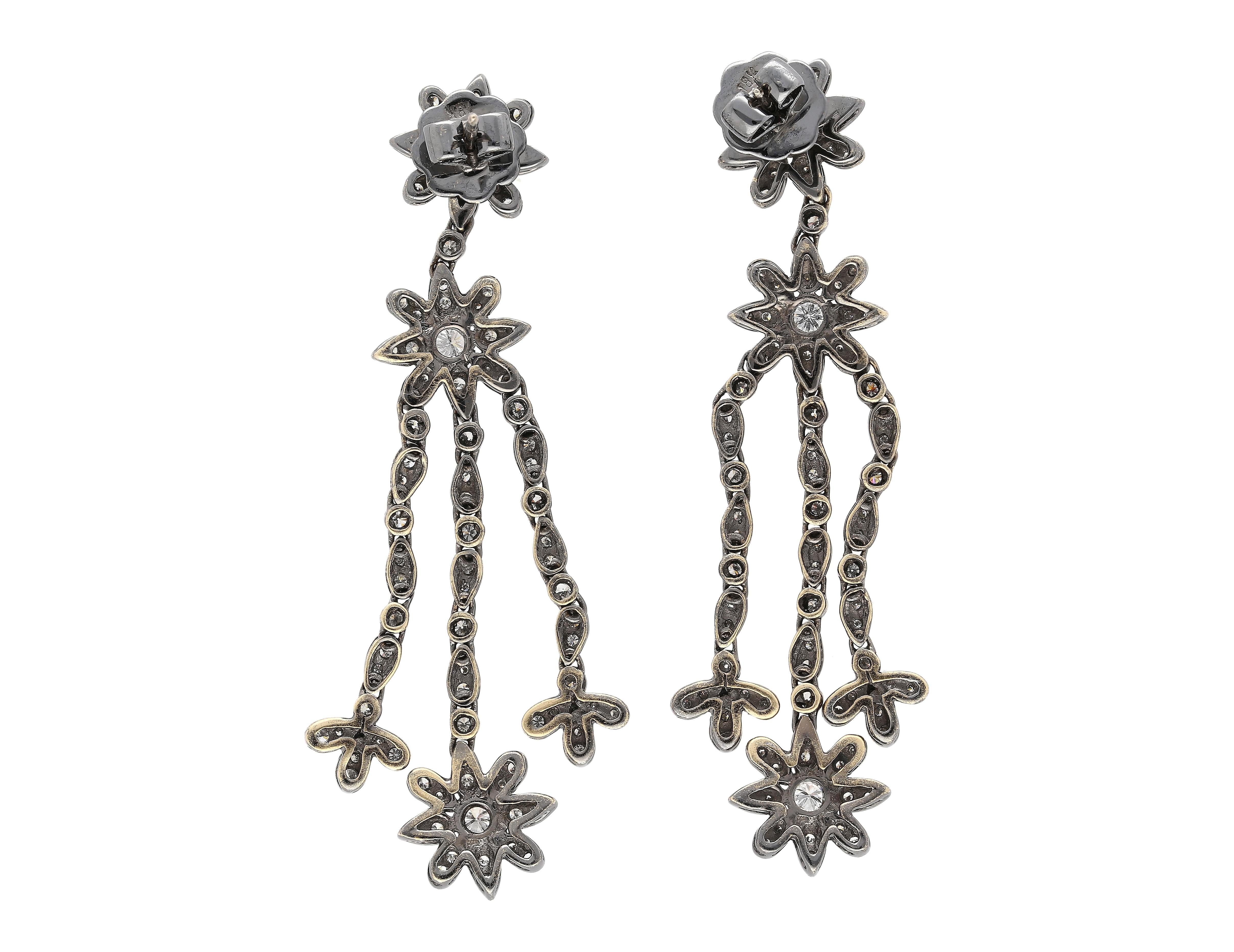 Natural 2 Carat Floral Diamond Dangle Drop Earrings in 18K Black Gold For Sale 1