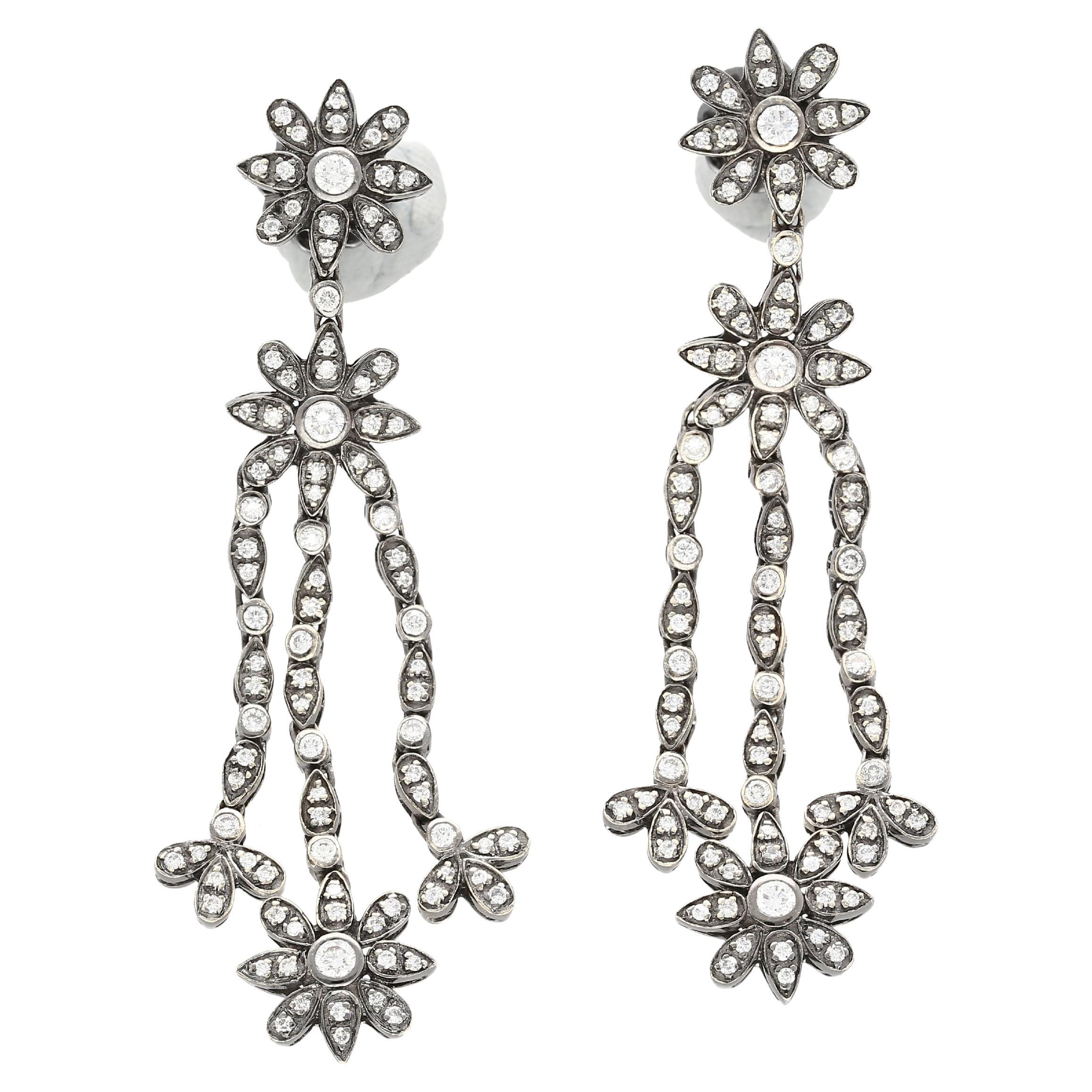 Natural 2 Carat Floral Diamond Dangle Drop Earrings in 18K Black Gold For Sale