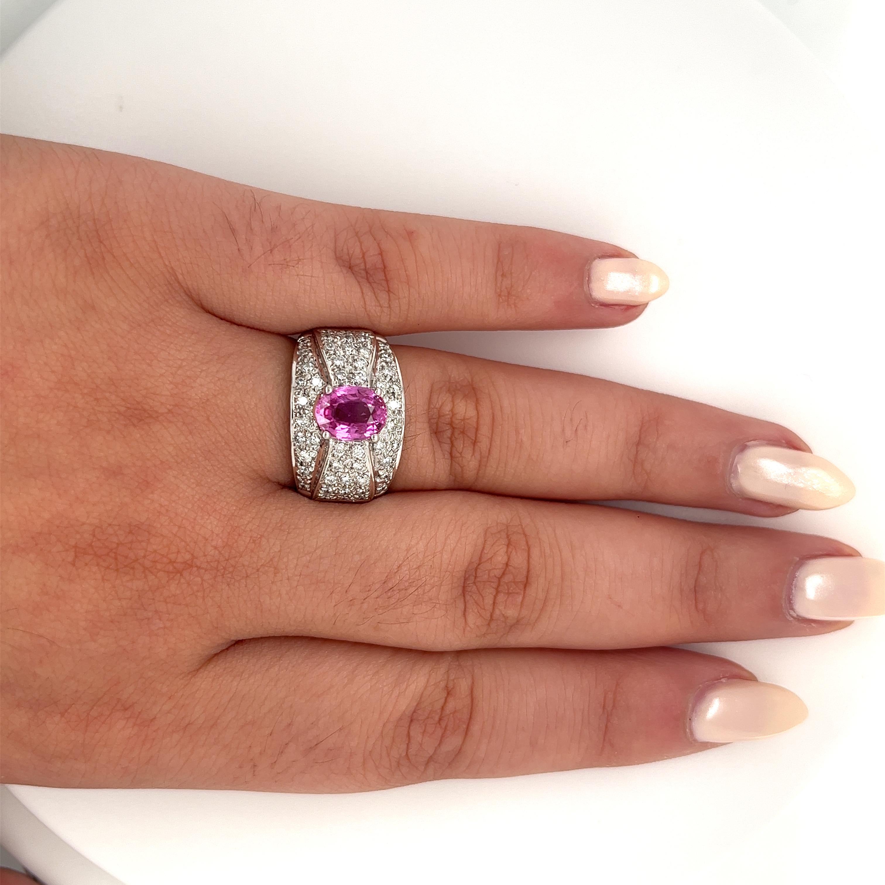Natural 2 Carat Oval Cut Pink Sapphire with Diamond Cluster Dome Ring In New Condition For Sale In Miami, FL