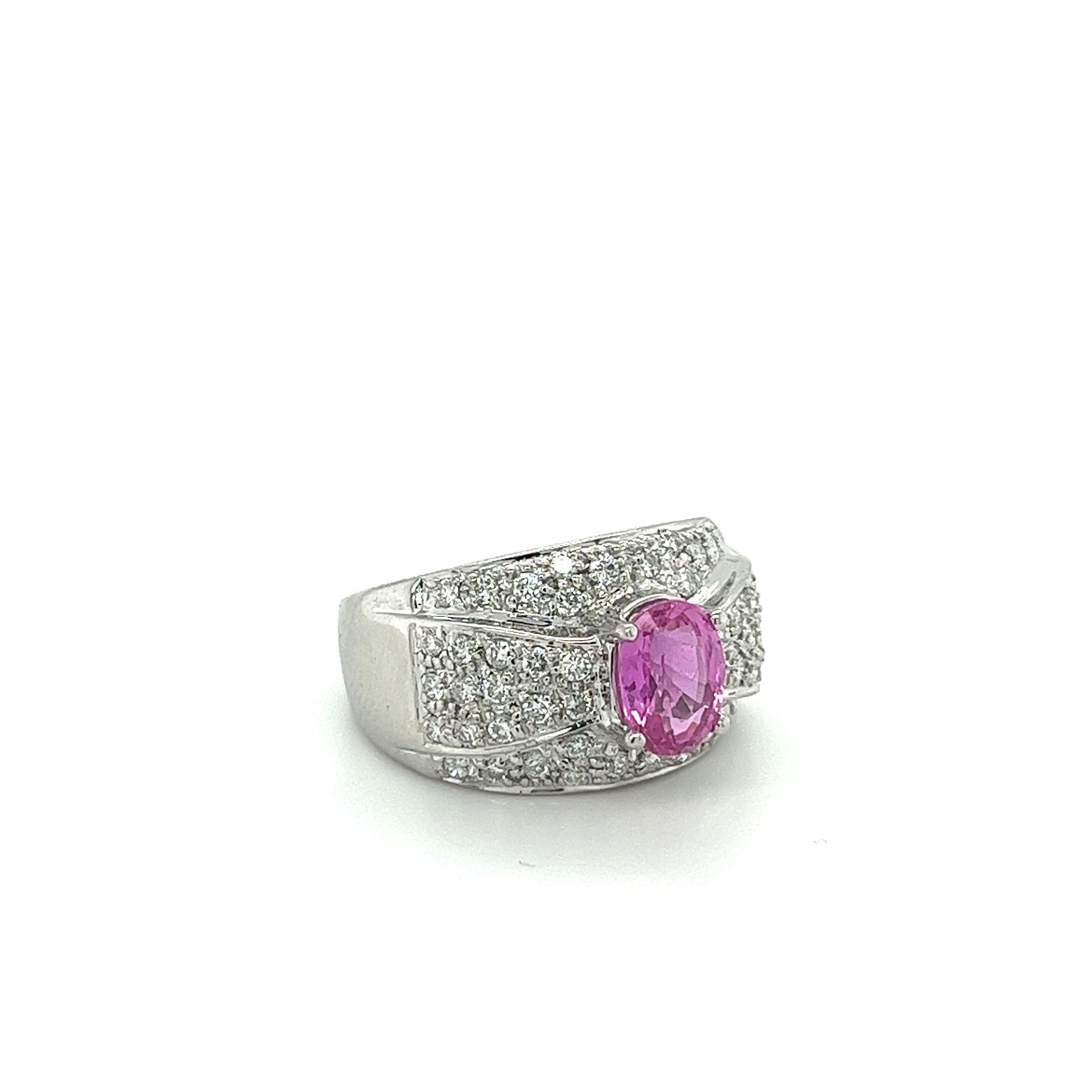 Natural 2 Carat Oval Cut Pink Sapphire with Diamond Cluster Dome Ring For Sale 3