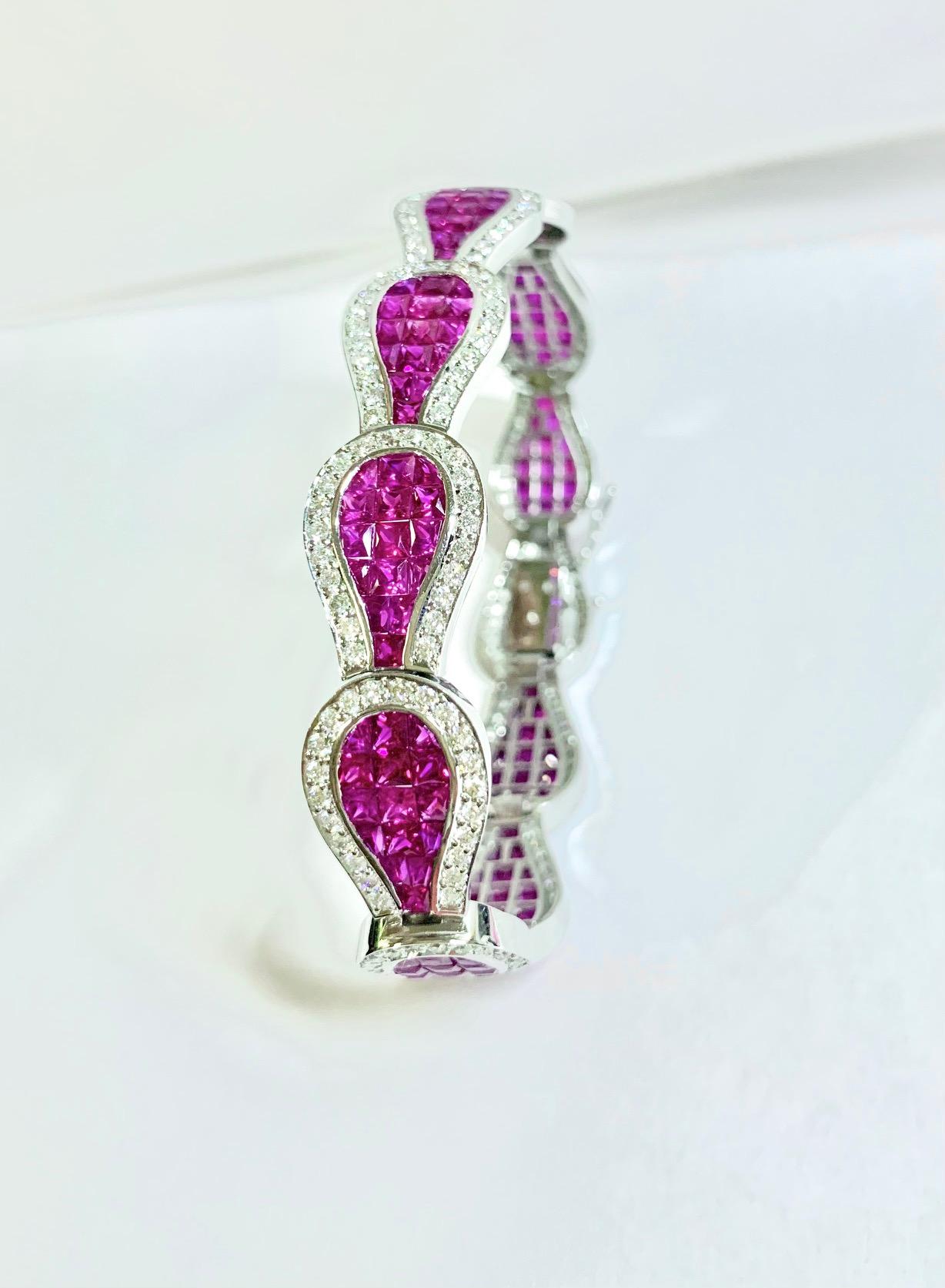 Modern Natural 20 Carat Ruby and Diamond Bracelet Invisible Set For Sale