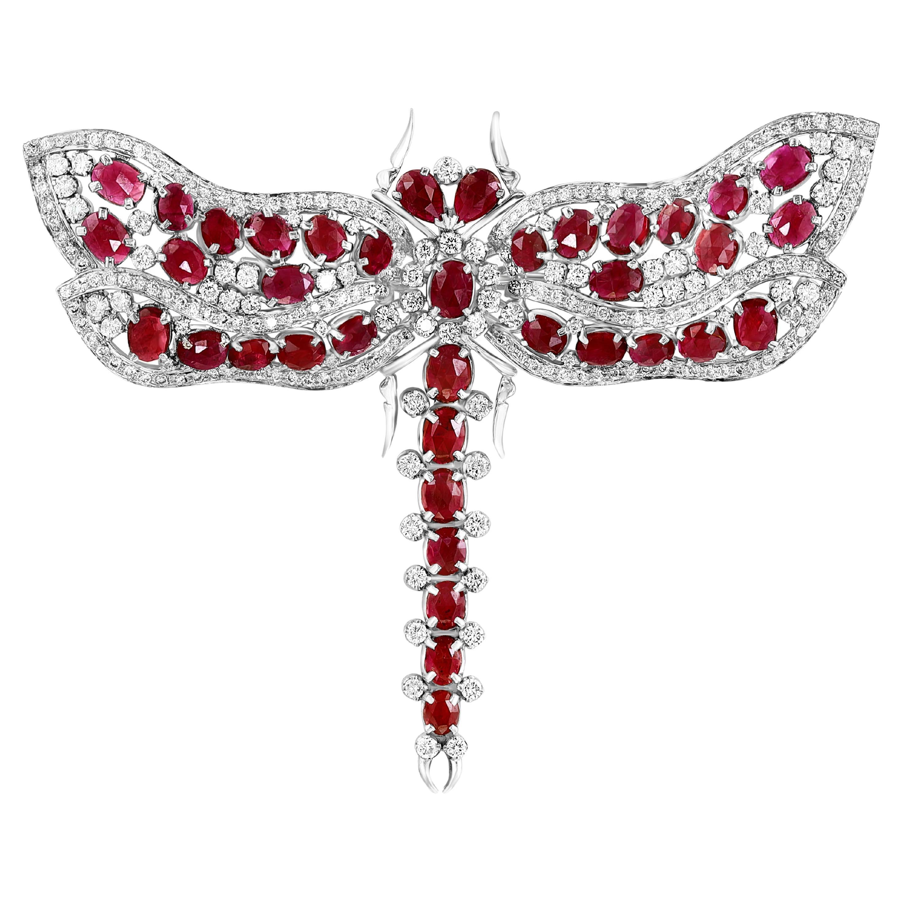 Natural 20 Ct Burma Ruby & 10 Ct Diamond Butterfly 18 Kt White Gold Pin/Brooch