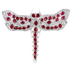 Retro Natural 20 Ct Burma Ruby & 10 Ct Diamond Butterfly 18 Kt White Gold Pin/Brooch