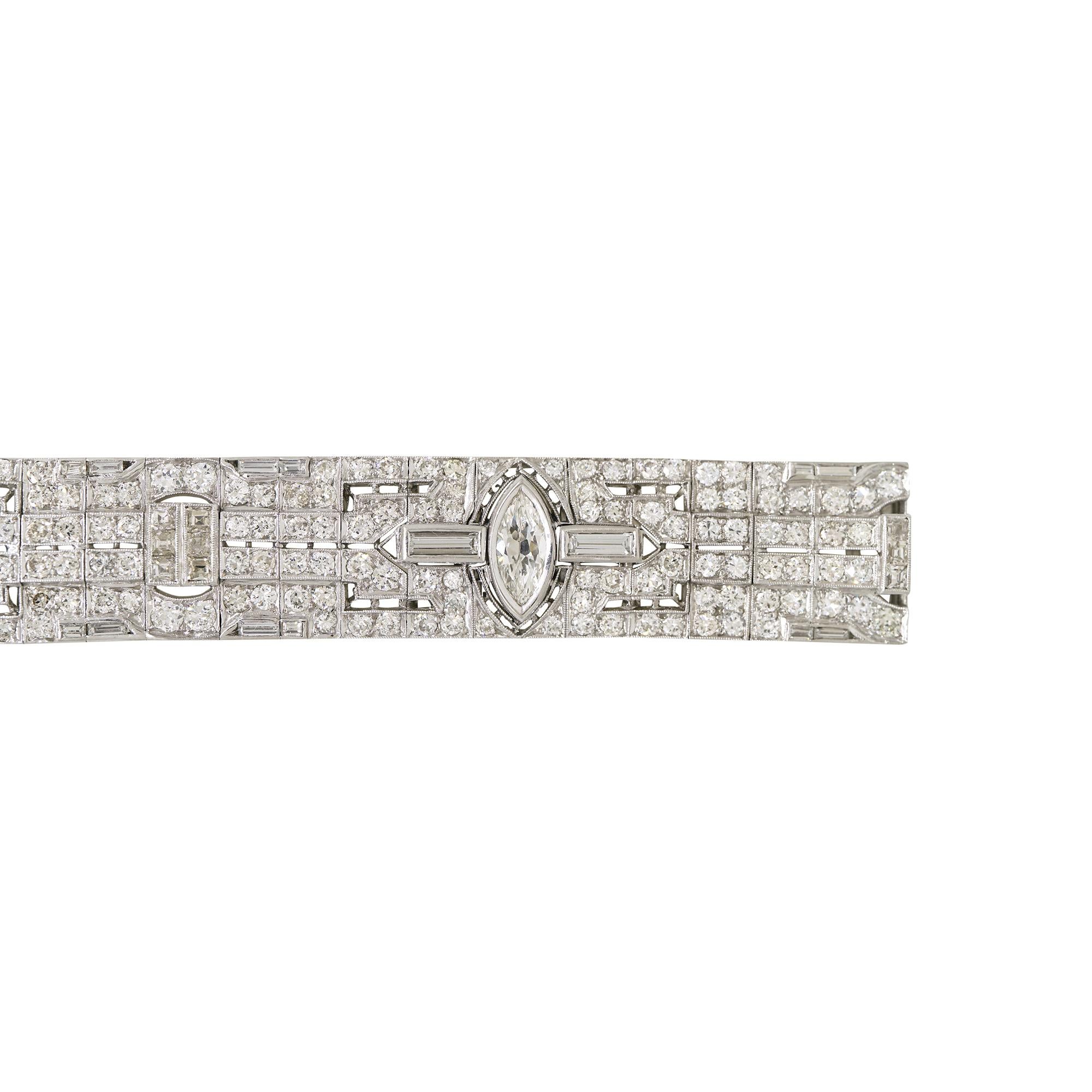 Natural 20.0 Carat Diamond Art-Deco Style Platinum Bracelet In Stock In Excellent Condition For Sale In Boca Raton, FL