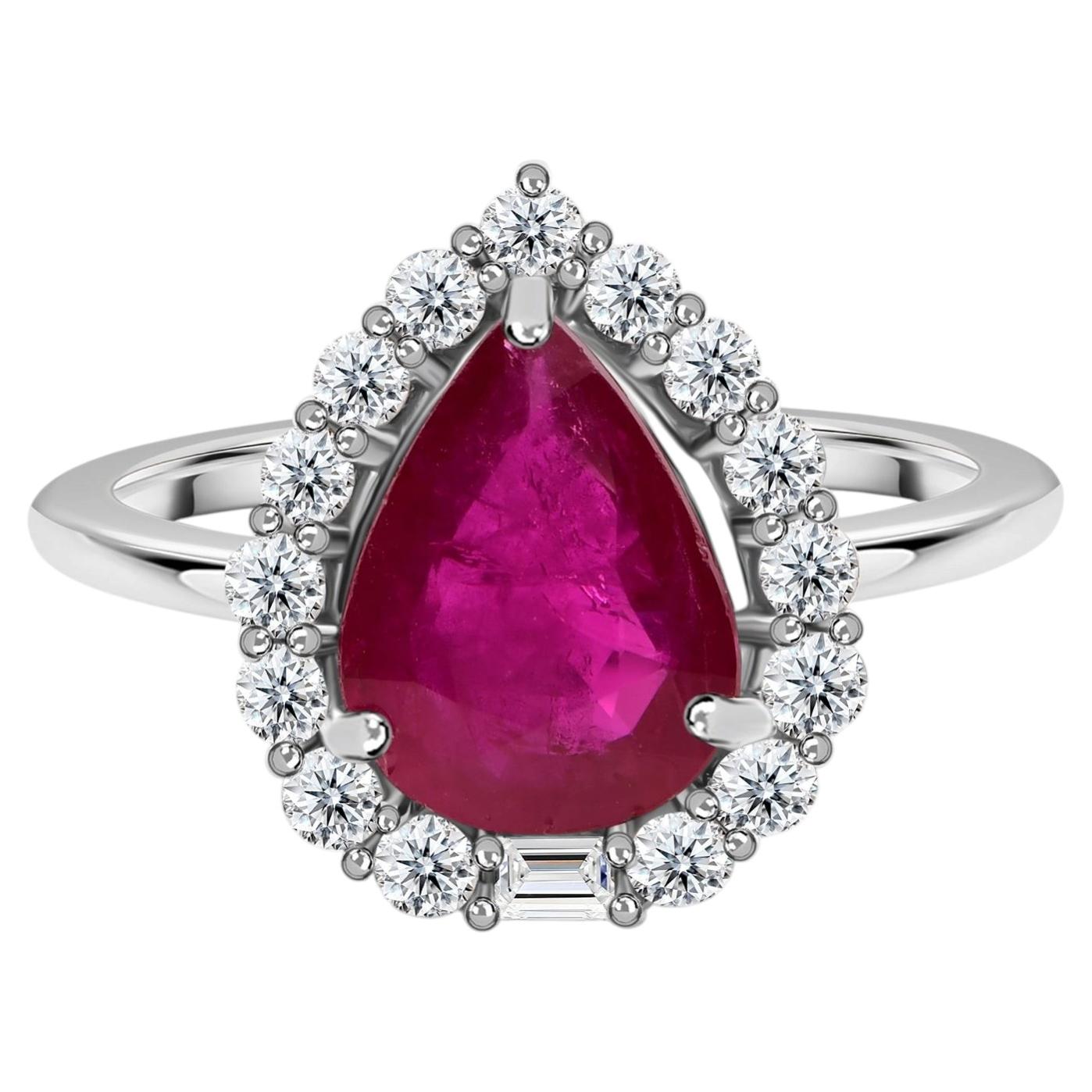 Natural 2.02 Carat Ruby Gemstone 0.50 Carat SI/H Diamond Ring 18k White Gold
