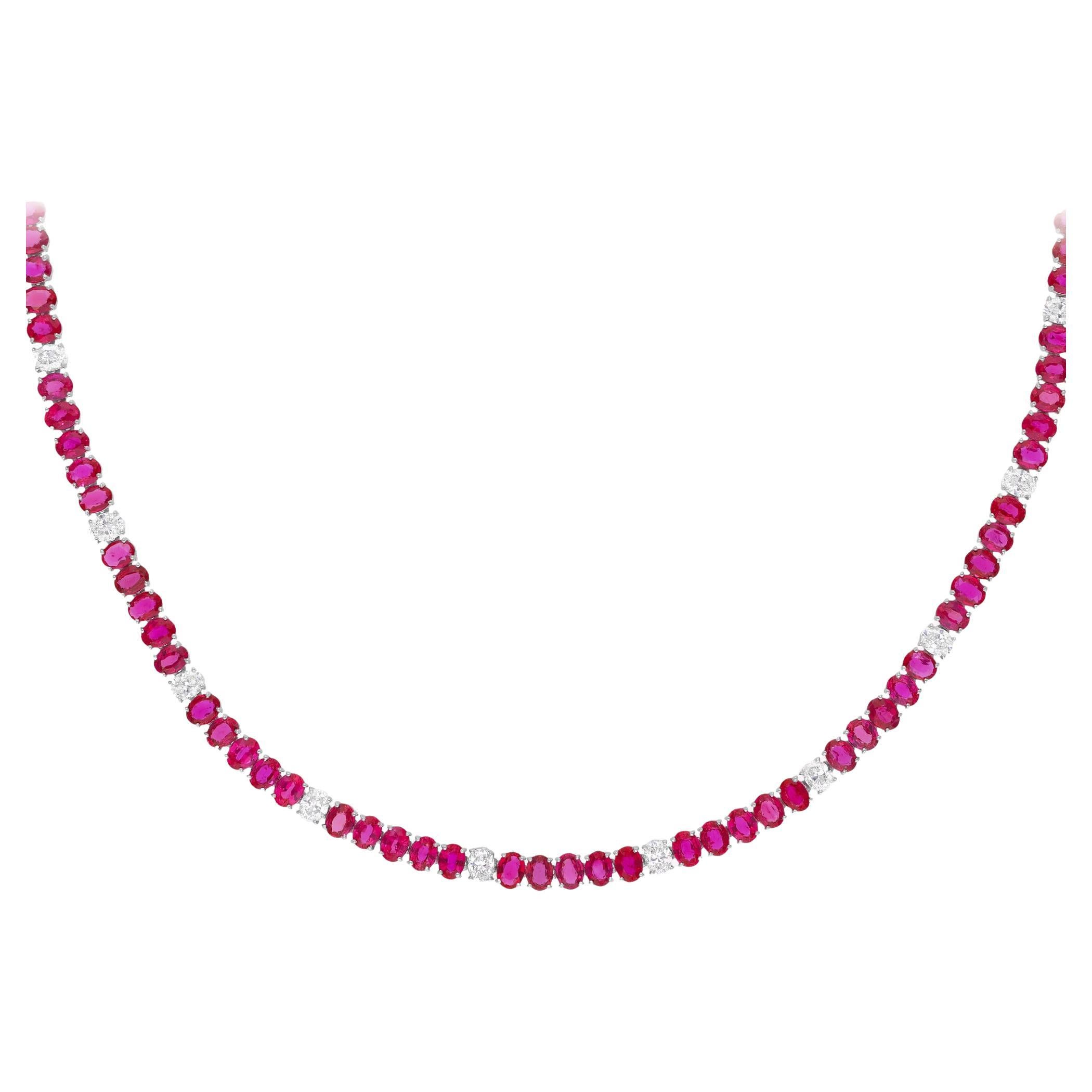 Nature 20.32 Carat Ruby 3.25 Carat Diamond Tennis Necklace 18 Karat White Gold