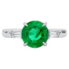 Natural 2.05 Ct. Round-Cut Emerald Three Stone Ring, 18K White Gold