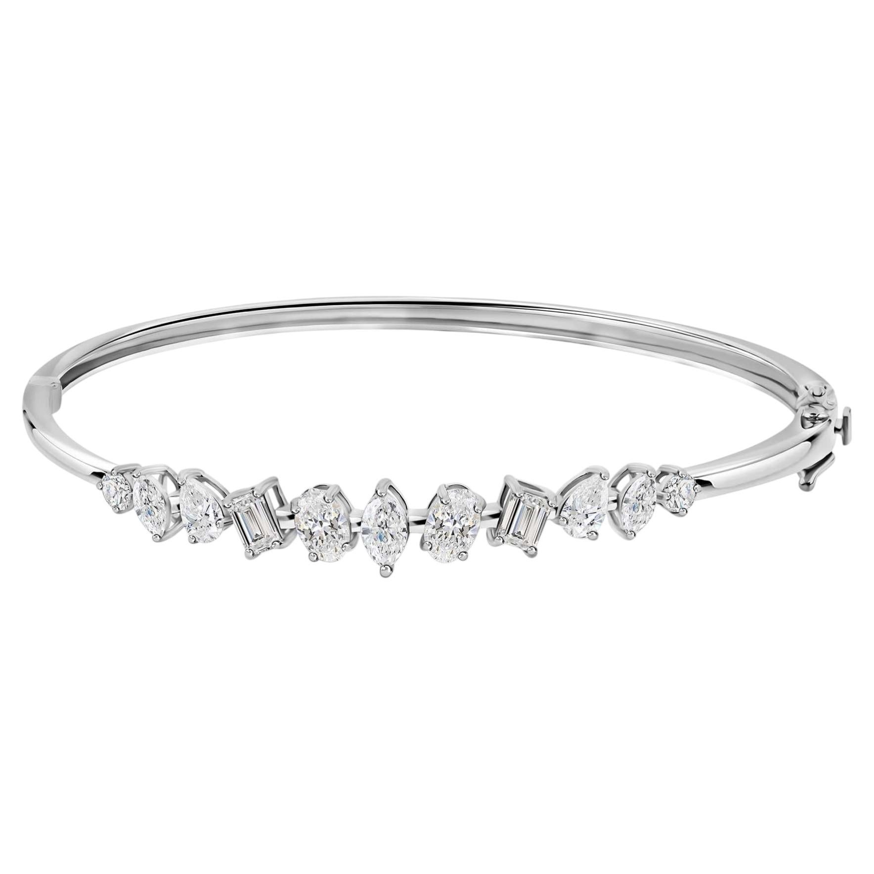 Oval Pear Marquise Real Diamond Hinged Bangle Bracelet 2.06 Ct 18k White Gold