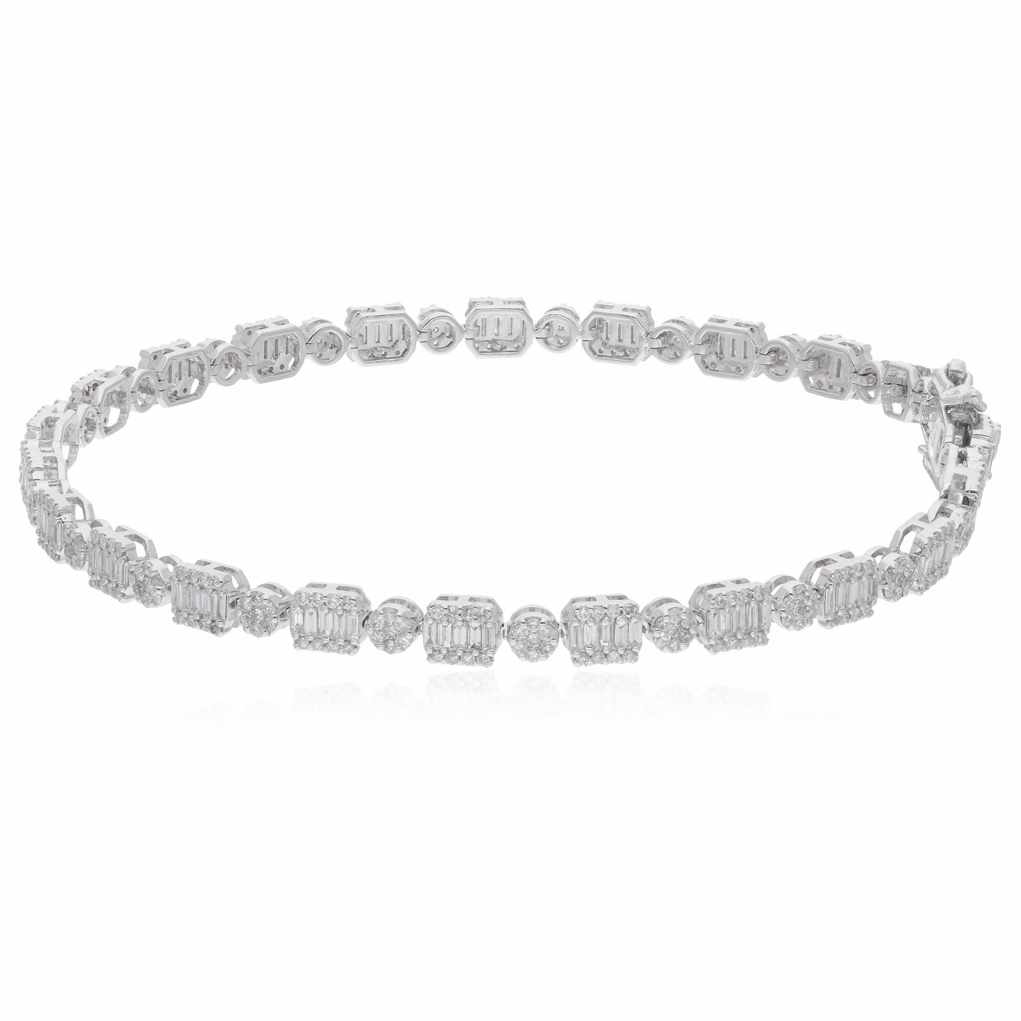 The baguette-cut diamonds are elegantly arranged in charming charms that dangle delicately from the bracelet, adding a touch of whimsy and allure to the design. The sleek lines and geometric shapes of the baguette-cut diamonds create a contemporary