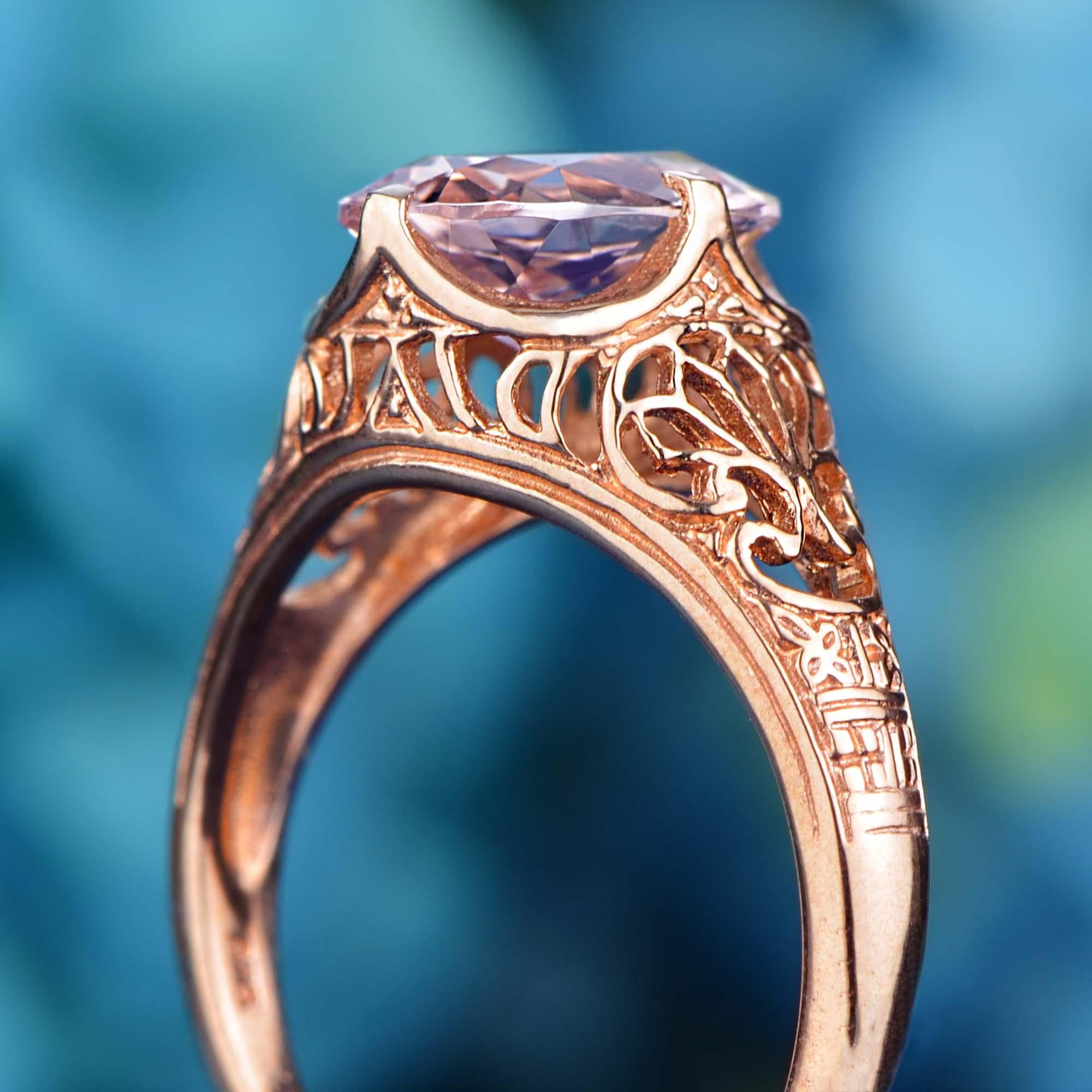 Women's Natural 2.1 Ct. Morganite Vintage Style Filigree Ring in Solid 9K Rose Gold For Sale
