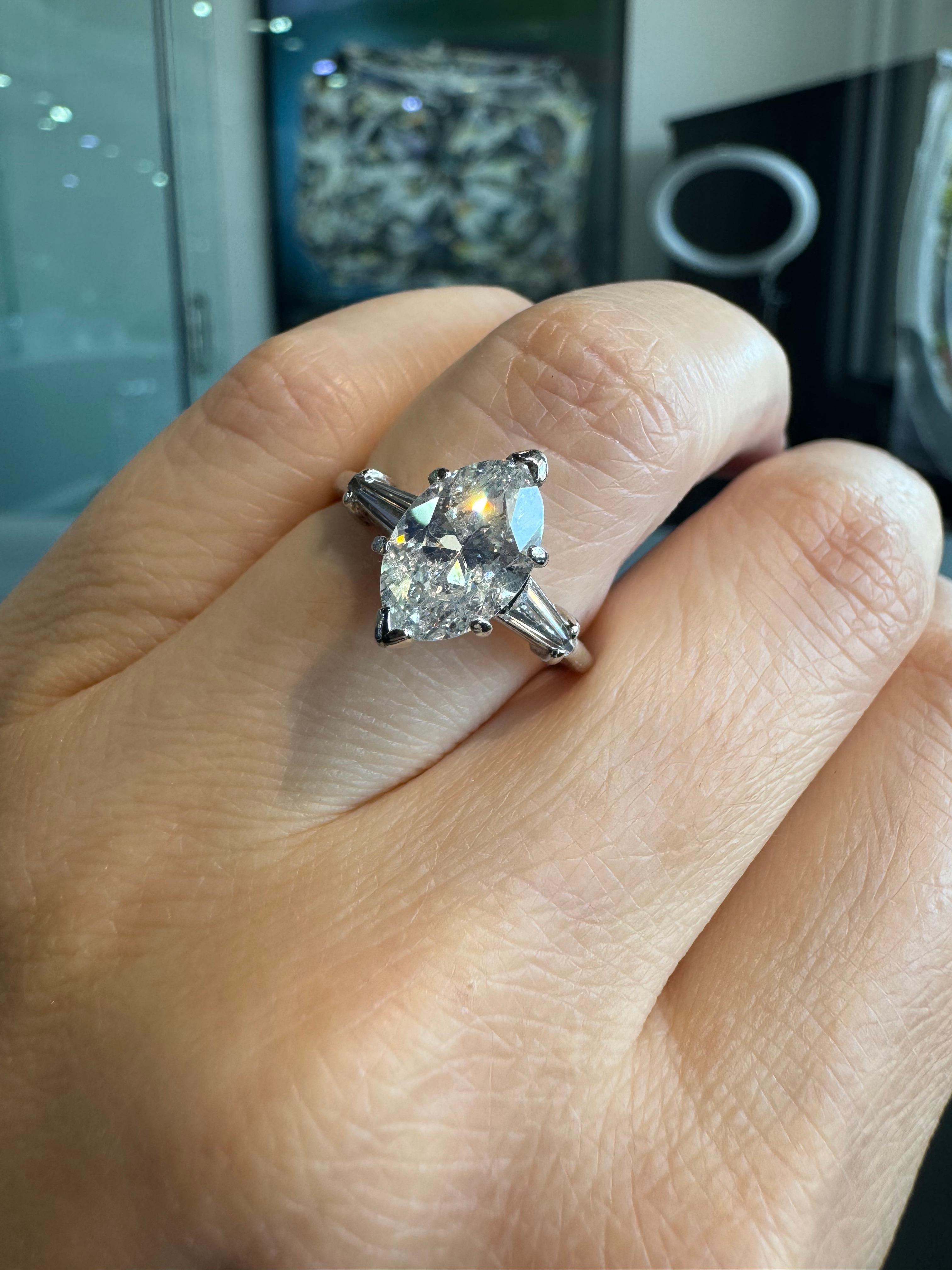 Natural 2.10 Carat Marquise Diamond Engagement Ring Platinum in Stock In Excellent Condition For Sale In Boca Raton, FL