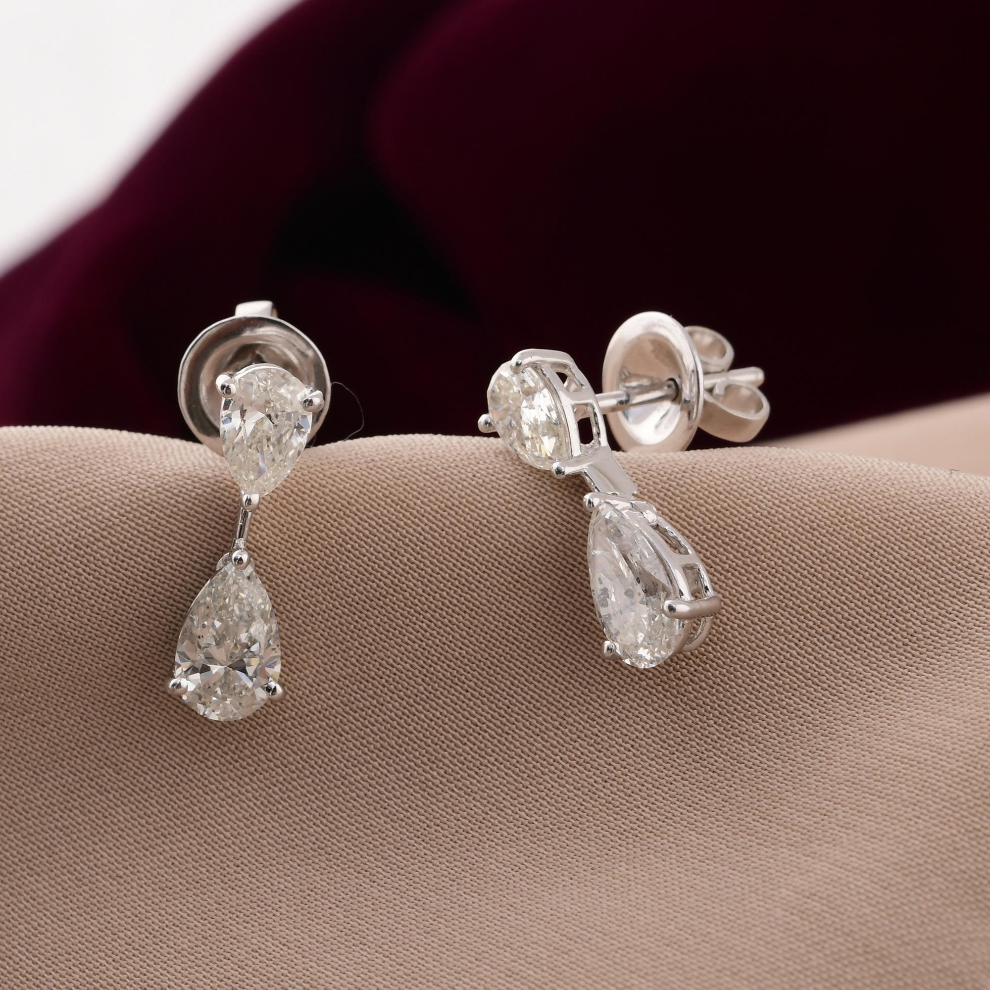 Pear Cut Natural 2.10 Carat SI/H Diamond Dangle Earrings 14 Karat White Gold Fine Jewelry For Sale