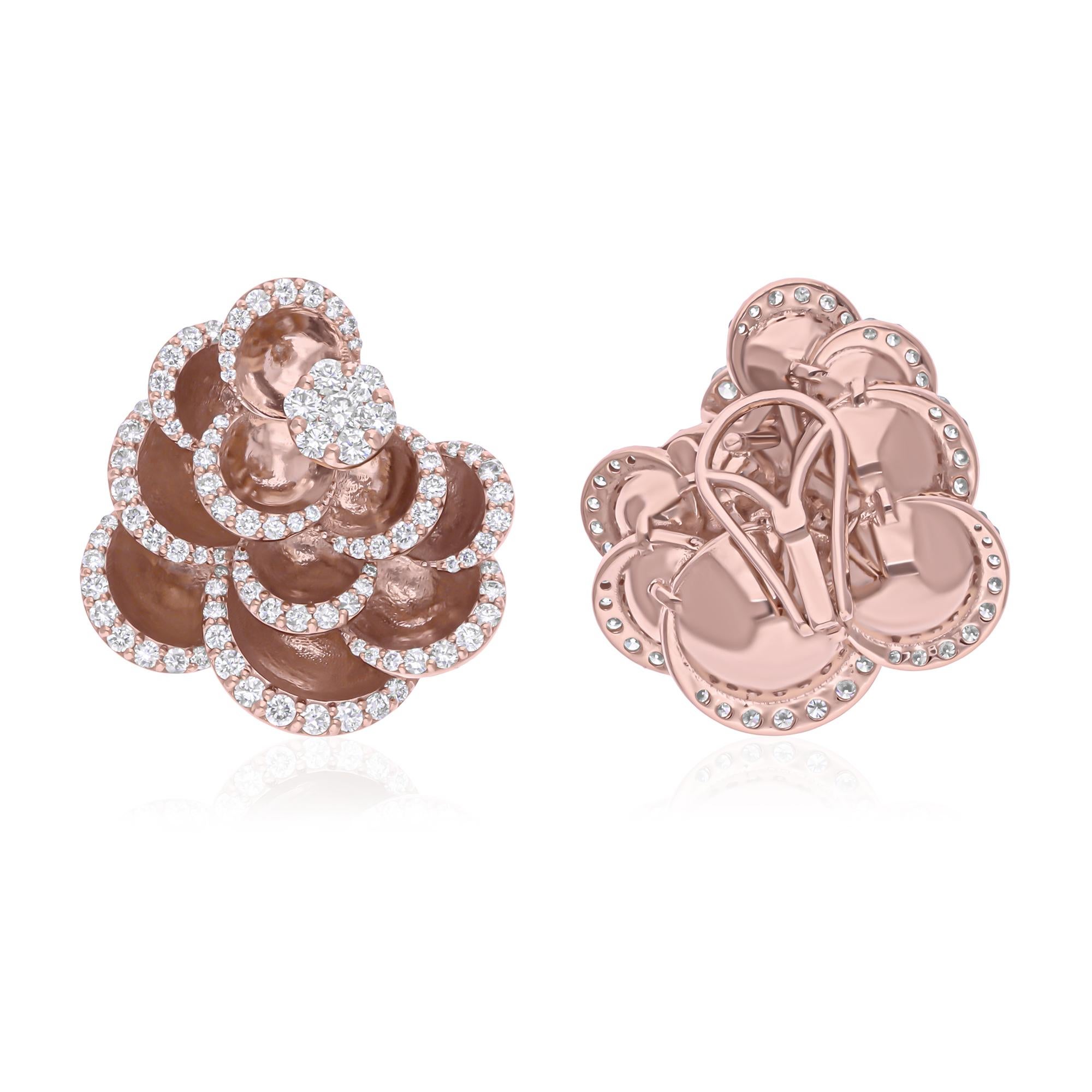 Moderne Boucles d'oreilles en or rose 14 carats avec diamants ronds naturels de 2,10 carats SI/H en vente
