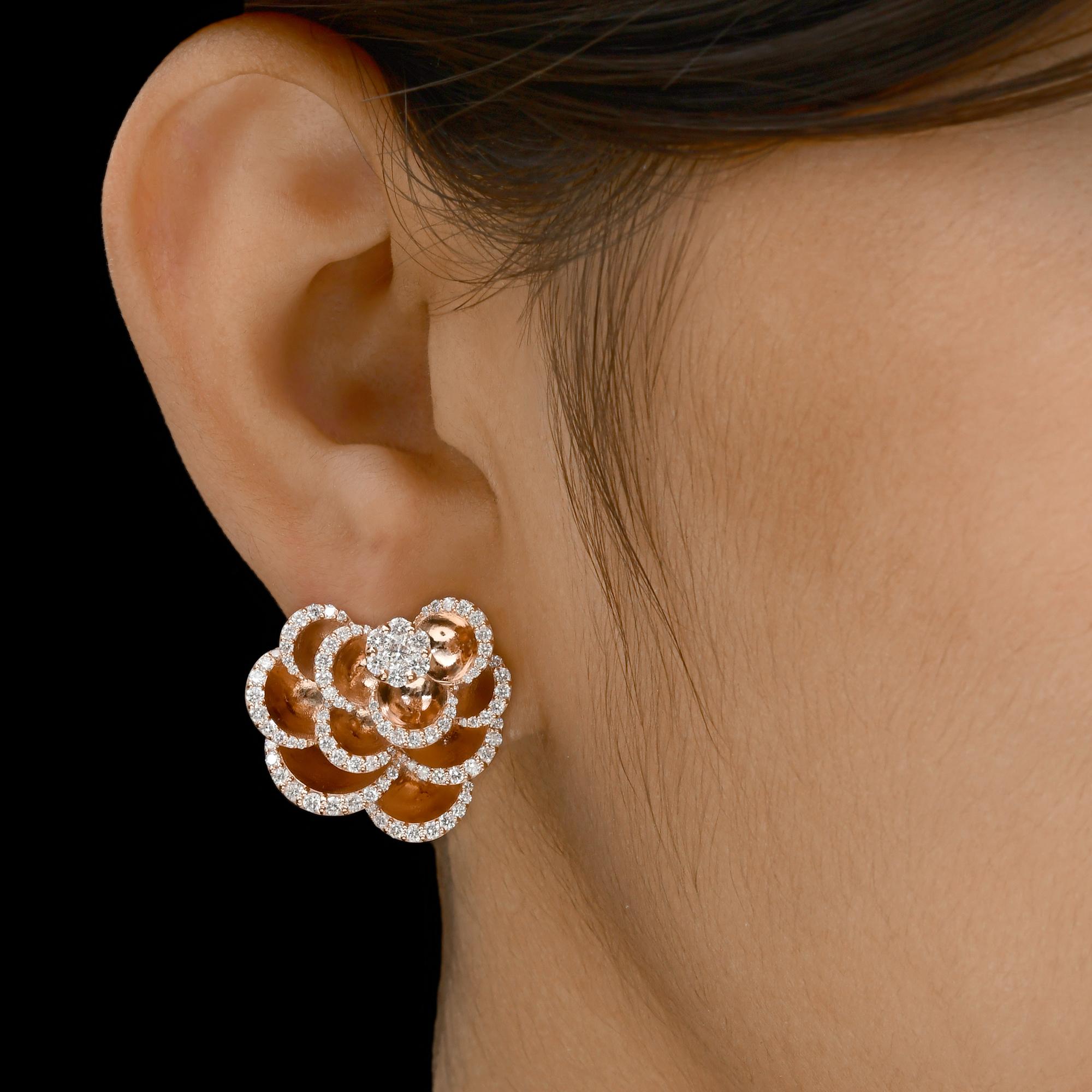 Taille ronde Boucles d'oreilles en or rose 14 carats avec diamants ronds naturels de 2,10 carats SI/H en vente