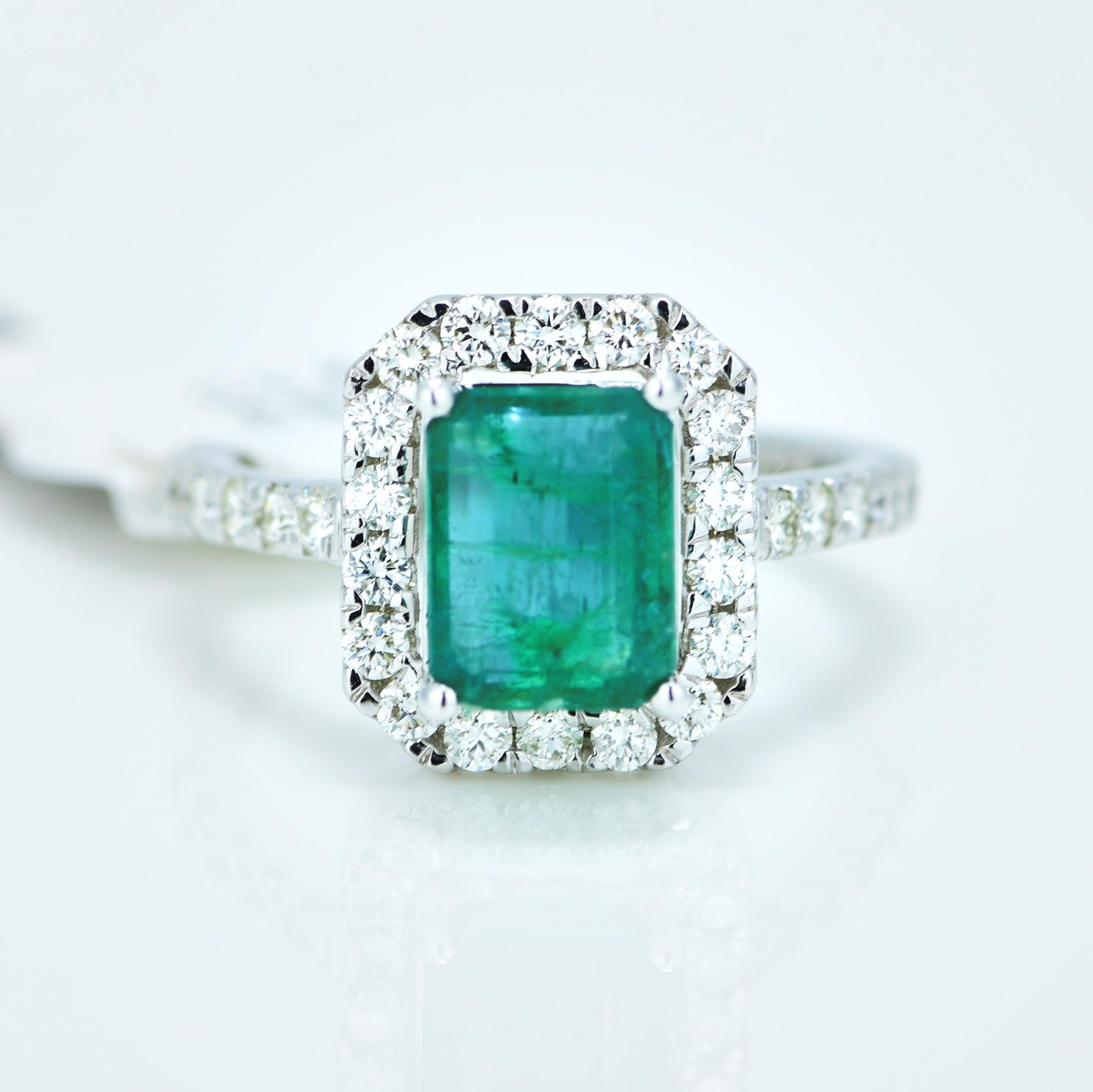 Emerald Cut Natural 2.11 Carat Green Emerald and Diamond Ring For Sale