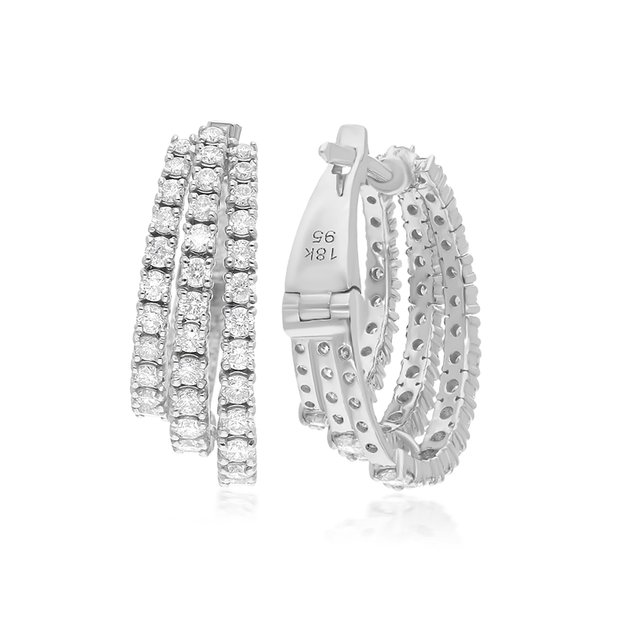 Step into the realm of timeless sophistication with these breathtaking Natural 2.11 Carat Round Diamond Hoop Earrings, crafted in luxurious 18 Karat White Gold. Exquisitely designed to capture attention and admiration, these earrings are a dazzling