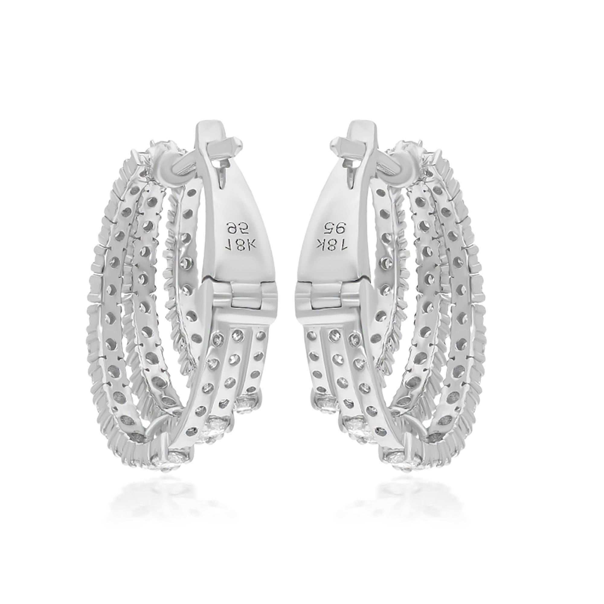 Women's Natural 2.11 Carat Round Diamond Hoop Earrings 18 Karat White Gold Jewelry For Sale