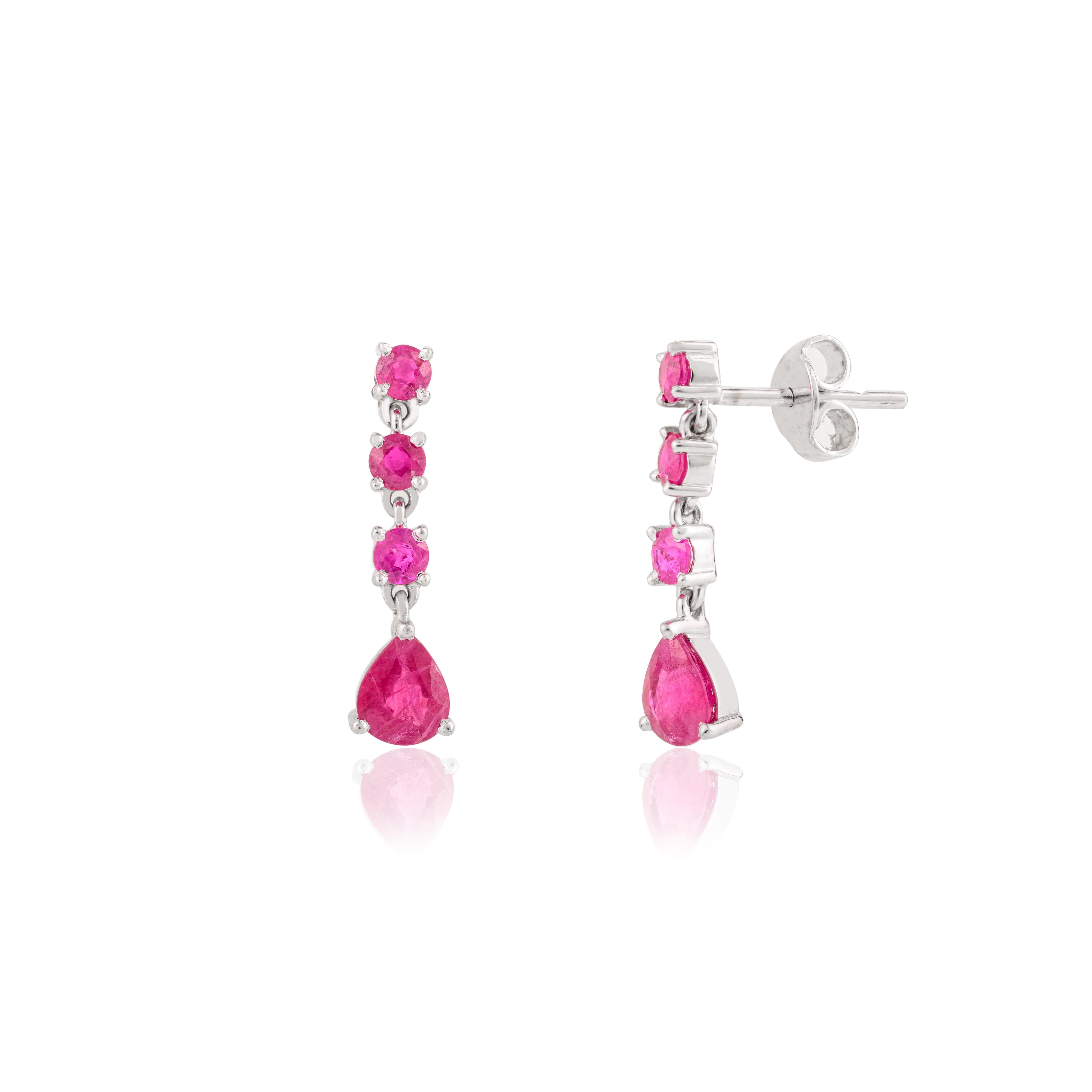 Art nouveau Boucles d'oreilles pendantes de mariage en or blanc massif 14k avec rubis naturel de 2,11 carats en vente