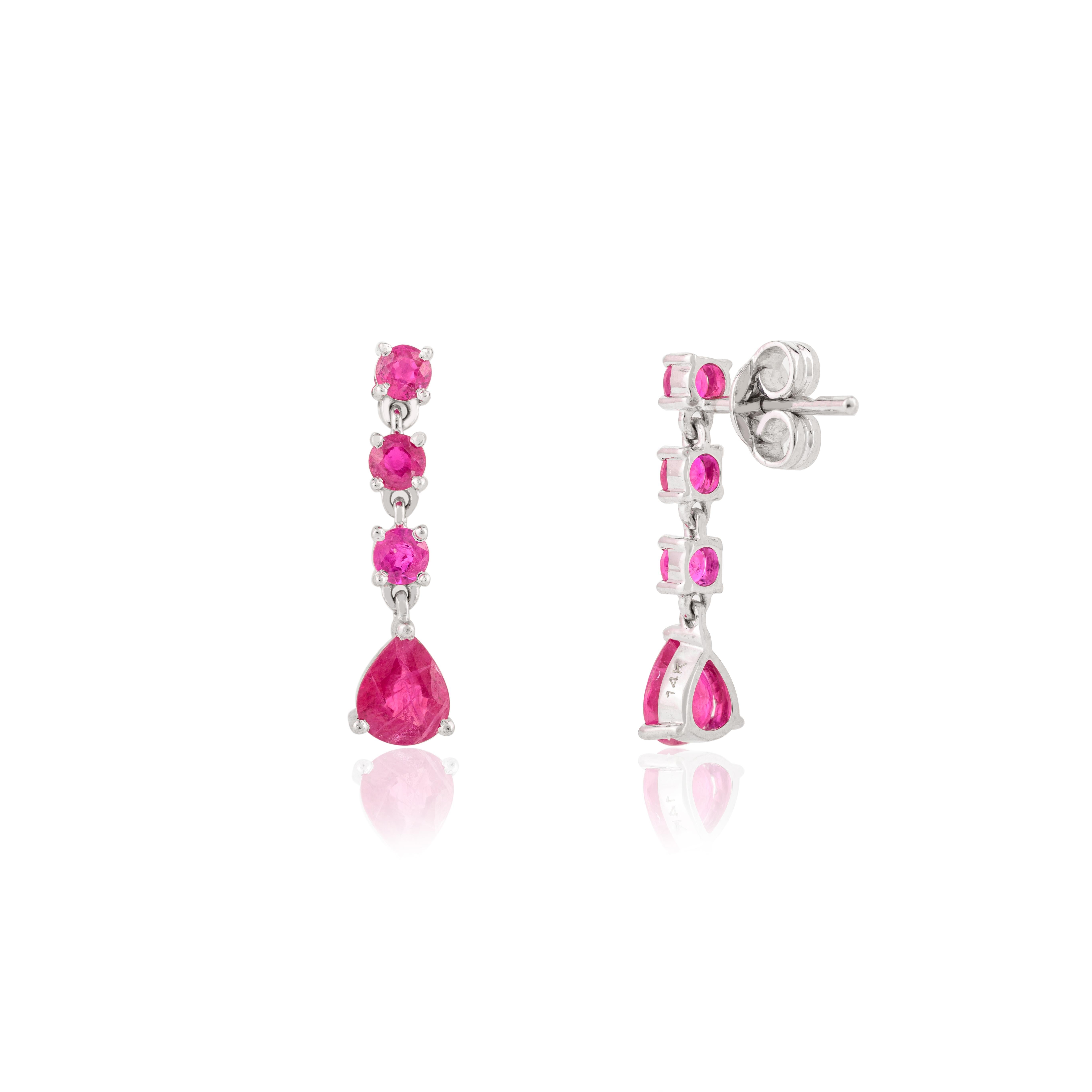 Taille mixte Boucles d'oreilles pendantes de mariage en or blanc massif 14k avec rubis naturel de 2,11 carats en vente