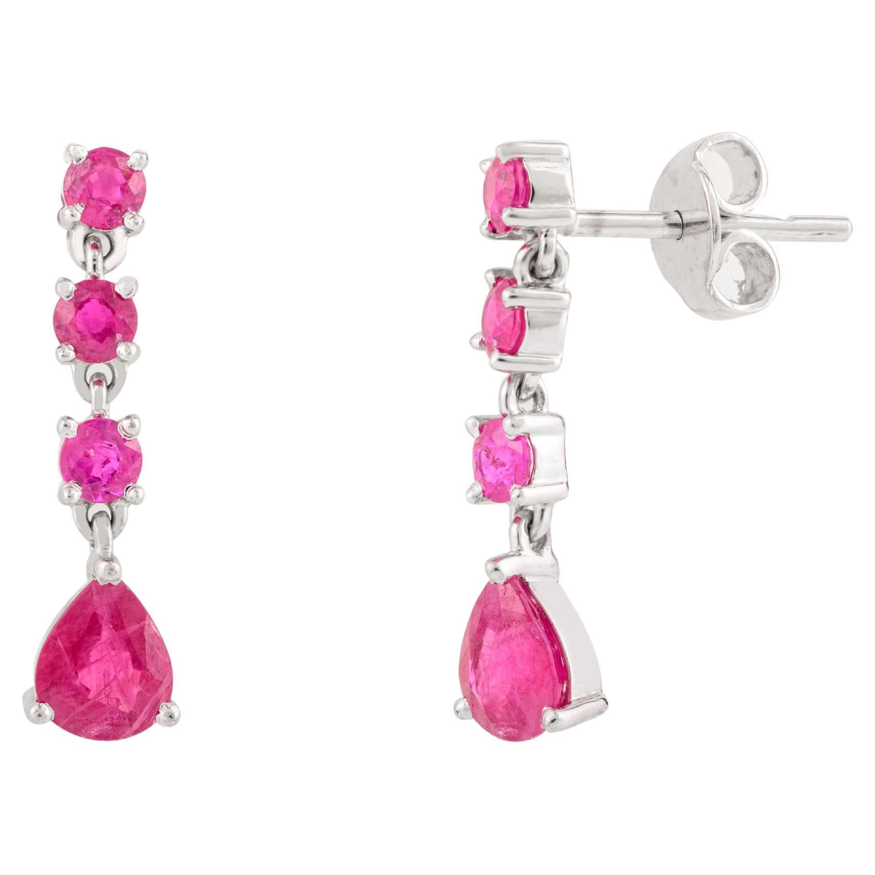 Natural 2.11 Carat Ruby Dangle Drop Wedding Earrings in 14k Solid White Gold