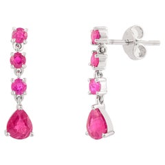 Natural 2.11 Carat Ruby Dangle Drop Wedding Earrings in 14k Solid White Gold