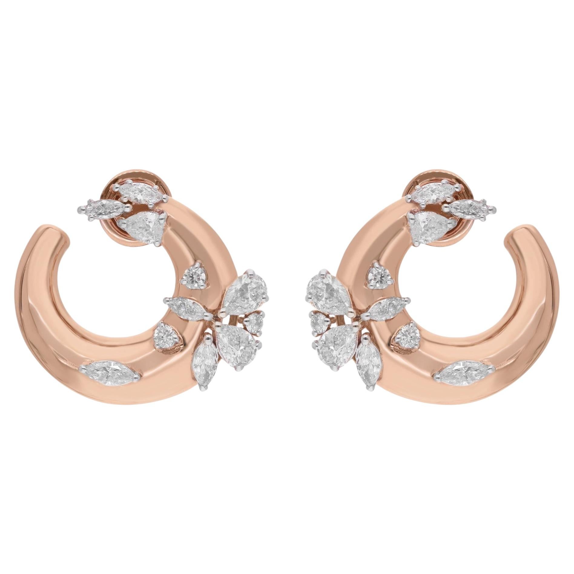 Natural 2.11 Ct SI/H Diamond Vine C Hoop Earrings 18 Karat Rose Gold