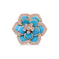 Natural 2.14 Ct Turquoise 0.44 Ct Diamond Floral Cocktail Ring in 18K Rose Gold