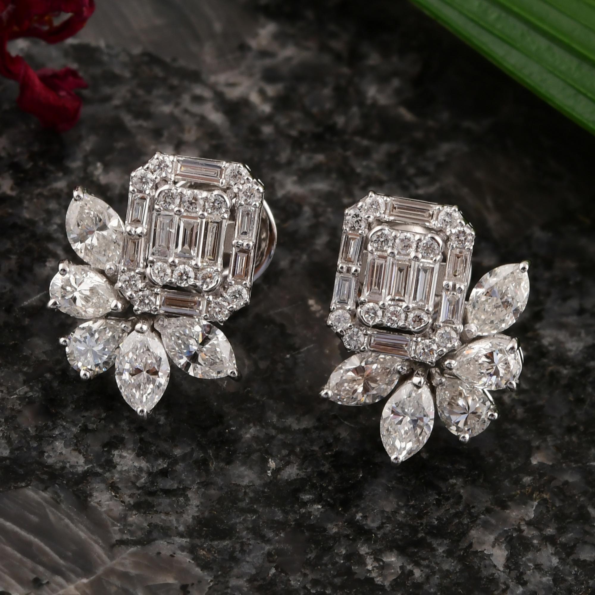 Baguette Cut Natural 2.15 Carat SI/H Baguette Diamond Earrings 14 Karat White Gold Jewelry For Sale