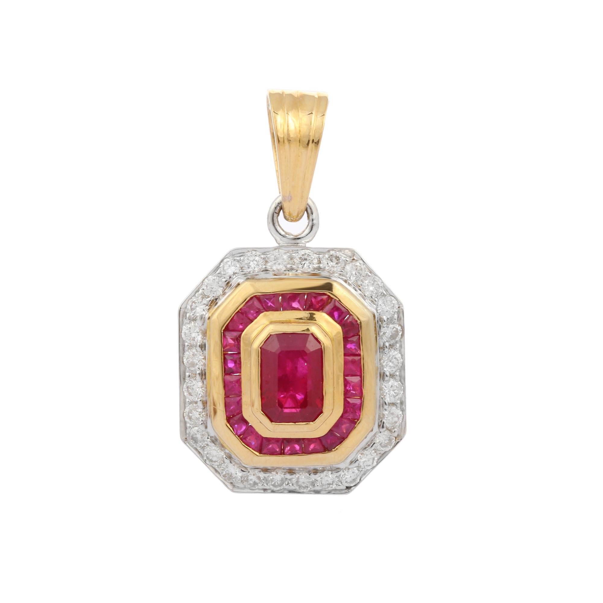 Estate natural ruby and diamond pendant in 18K Gold. It has a octagon cut ruby with diamonds that completes your look with a decent touch. Pendants are used to wear or gifted to represent love and promises. It's an attractive jewelry piece that goes