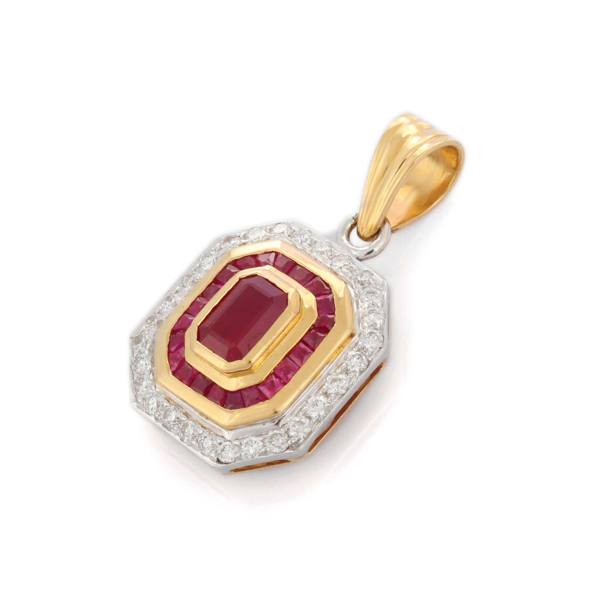 Taille octogone Pendentif en diamant et rubis naturel 2.15 Ct Pendentif en rubis en or jaune 18K en vente