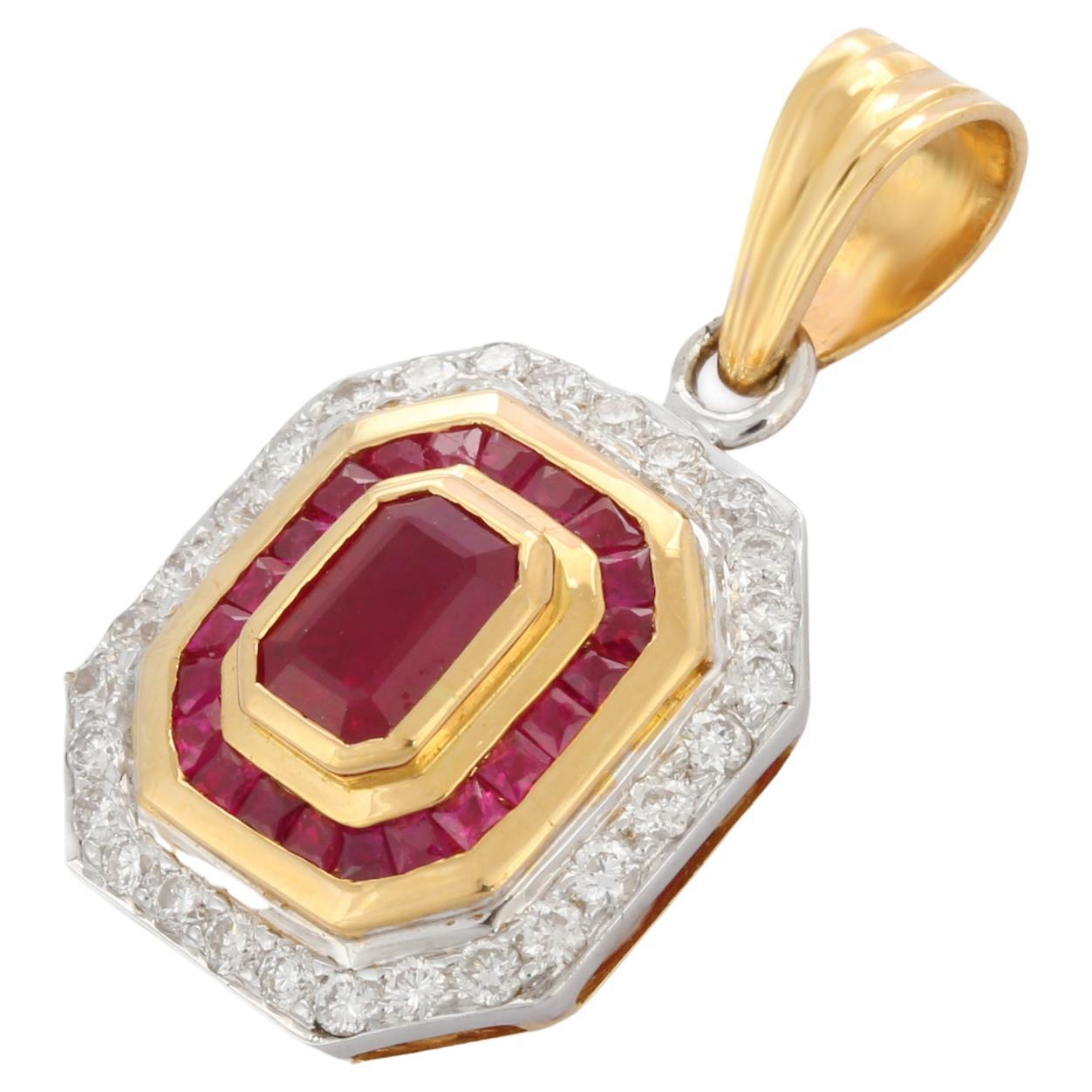 Pendentif en diamant et rubis naturel 2.15 Ct Pendentif en rubis en or jaune 18K en vente