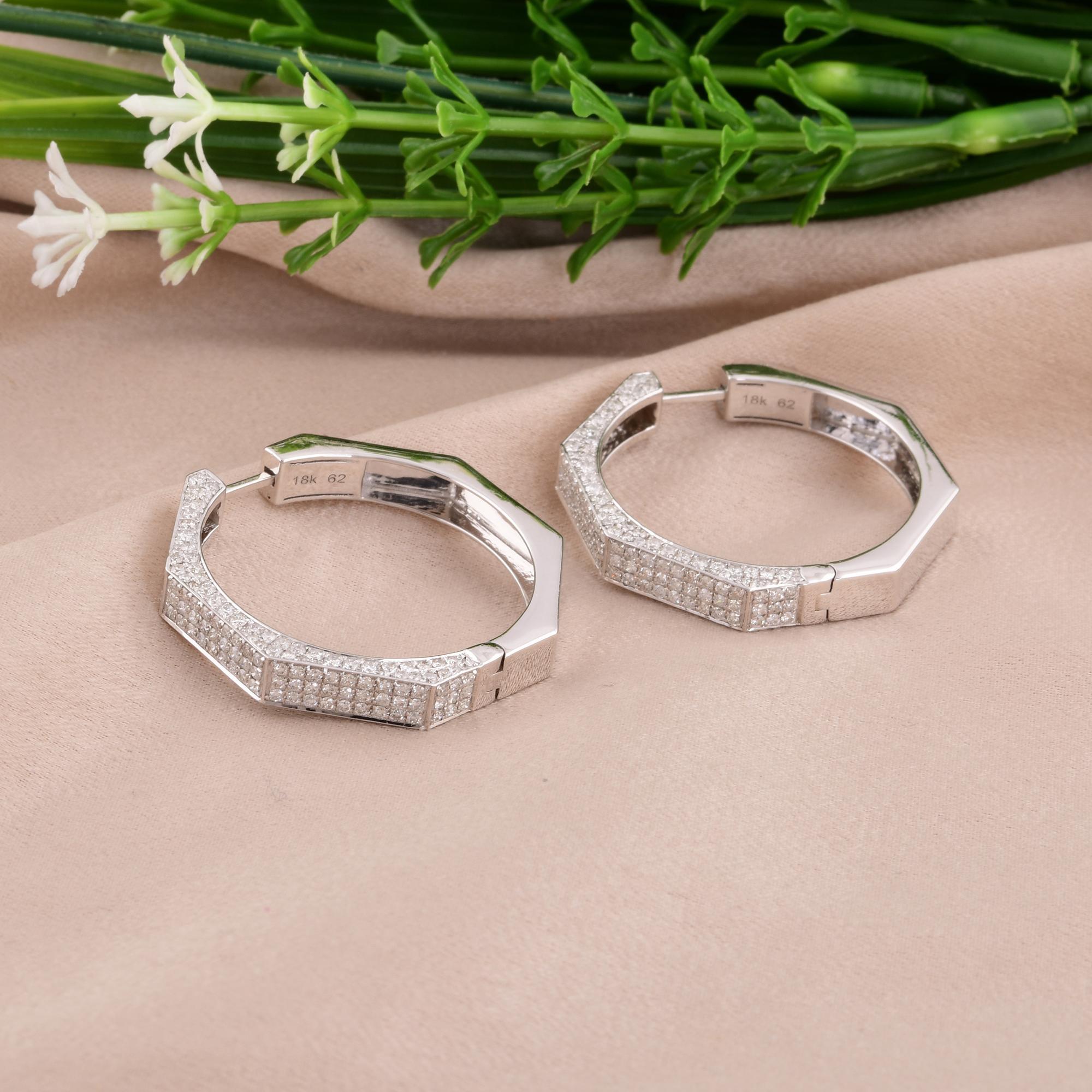 Round Cut Natural 2.17 Carat Pave Diamond Hoop Earrings 14 Karat White Gold Fine Jewelry For Sale