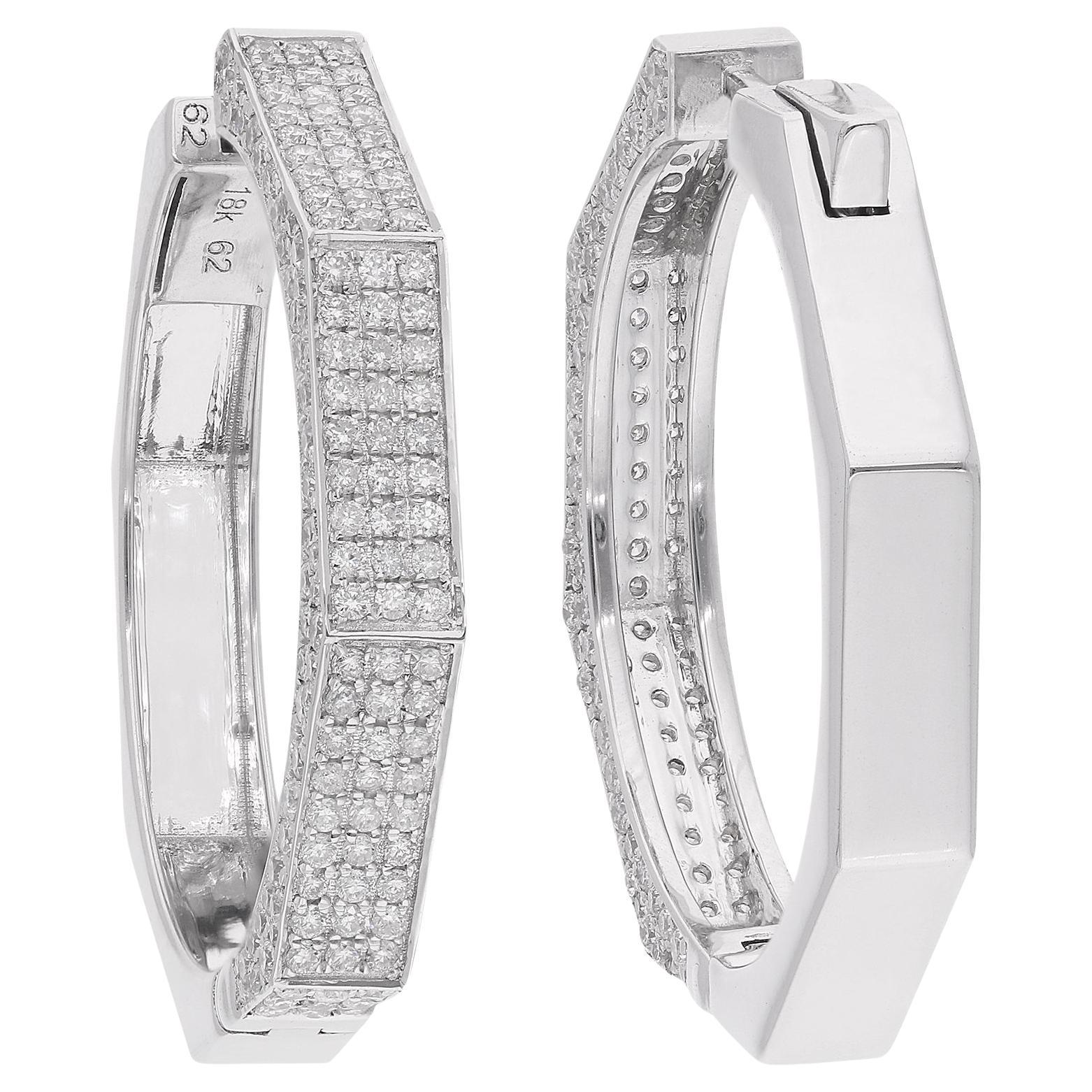 Natural 2.17 Carat Pave Diamond Hoop Earrings 18 Karat White Gold Fine Jewelry